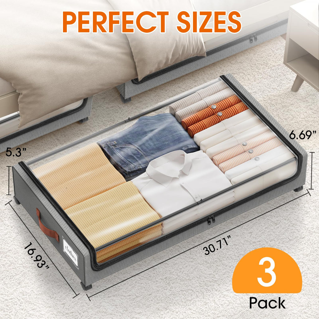 SpaceHacks Under Bed Storage with Wheels 1Pack Underbed Storage with Clear Window&Label Under Bed Drawers Large Capacity Rolling Under Bed Storage for Clothes,Shoes, Blankets (Beige)