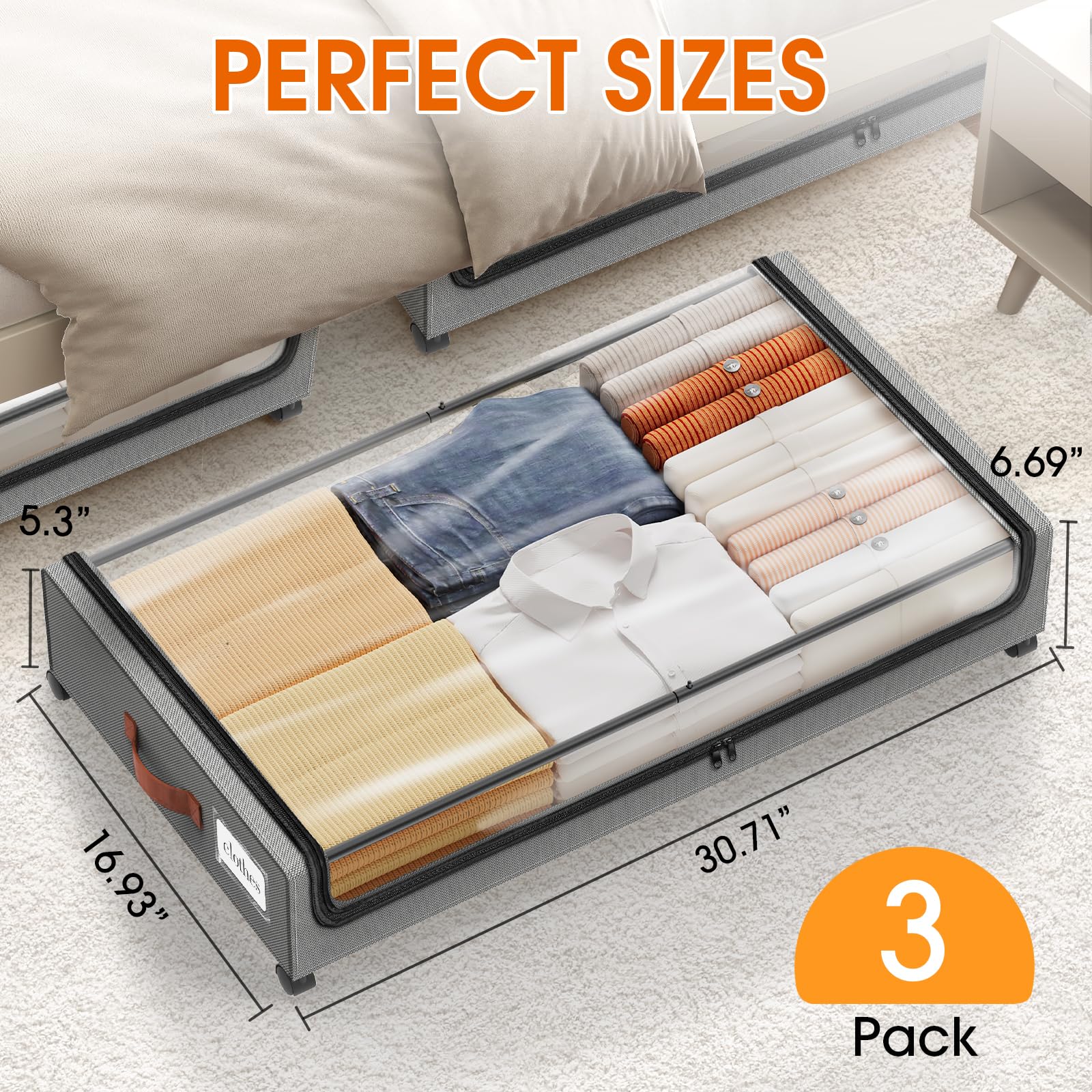 SpaceHacks Under Bed Storage with Wheels 1Pack Underbed Storage with Clear Window&Label Under Bed Drawers Large Capacity Rolling Under Bed Storage for Clothes,Shoes, Blankets (Beige)