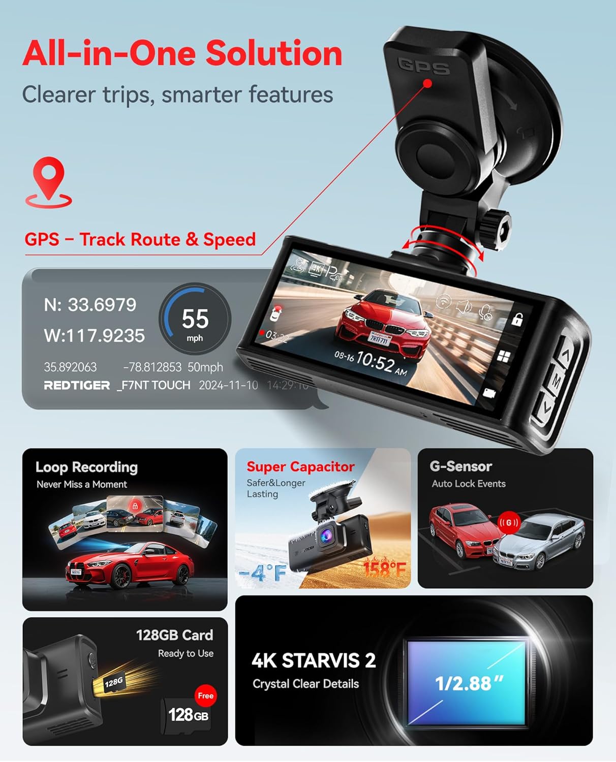 REDTIGER 4K STARVIS 2 Dash Cam Front and Rear, 5GHz WiFi 20MB/s Download, 128GB Card Included, Voice Control, Dash Camera for Cars with 3.18" Touch Screen, GPS, Loop Recording, Parking Mode(F7N Touch)