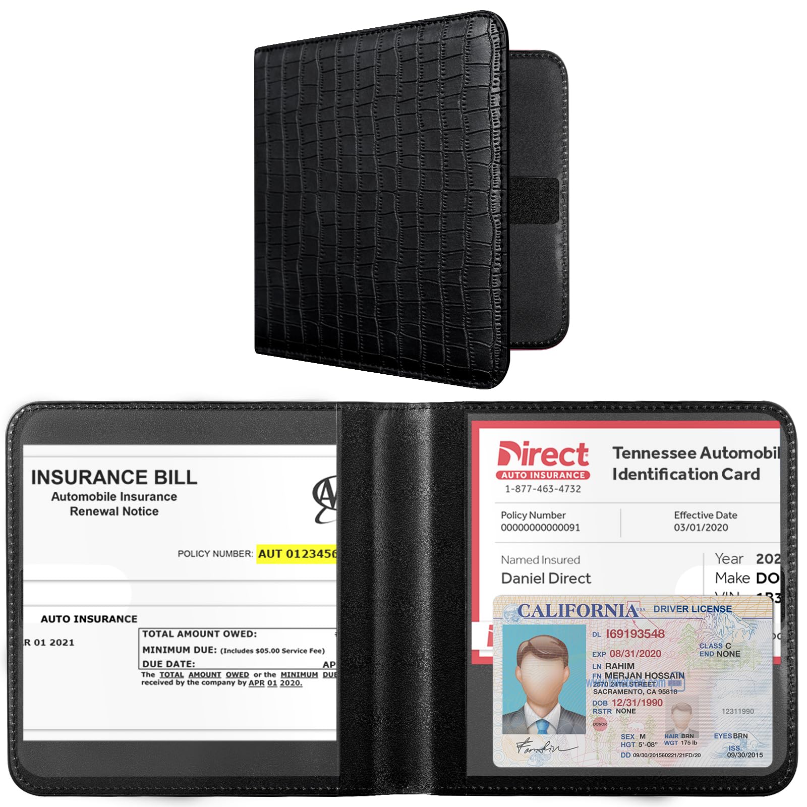 CoBak Car Registration and Insurance Holder - Men and Women Small Lightweight Vehicle Glove Box Car Organizer, Auto Truck Comparment Accessories Case for Essential Document, Driver License (Black)