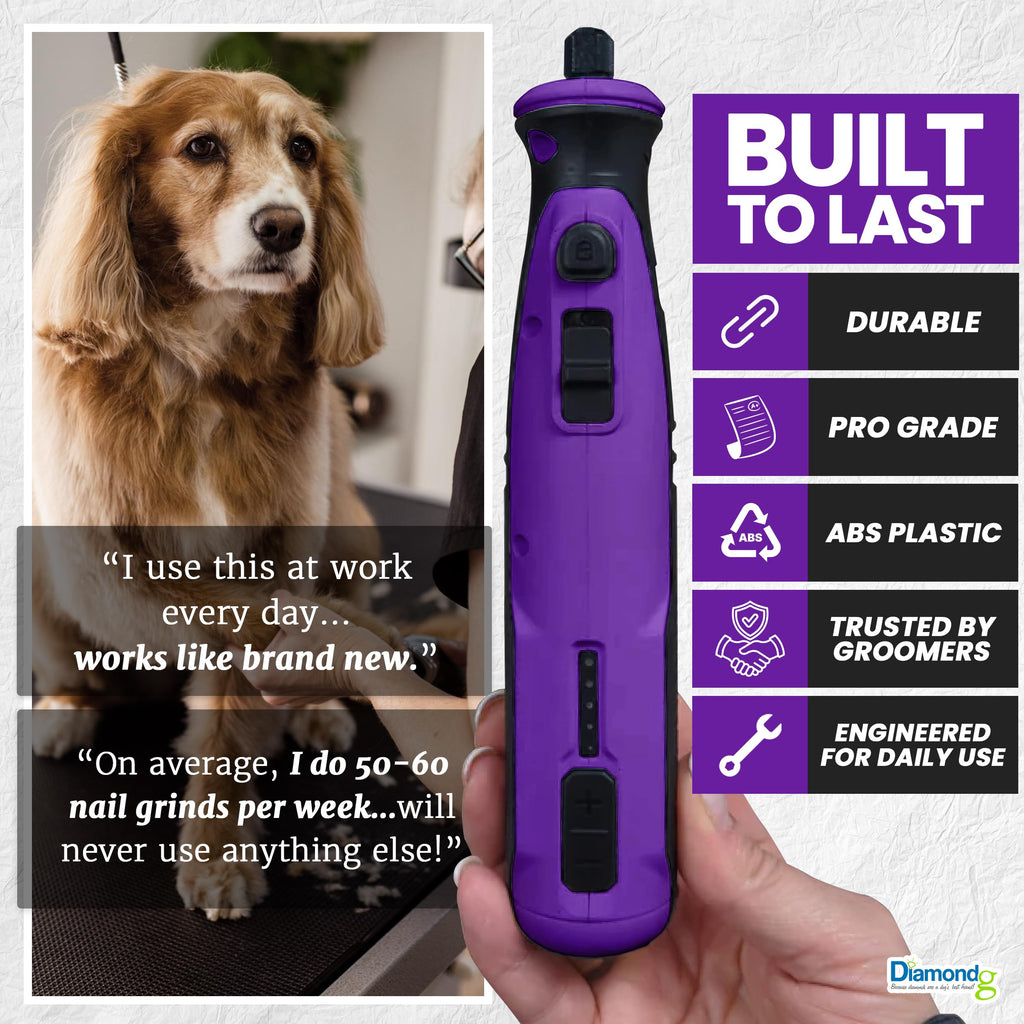 Diamondg Cordless Dog Nail Grinder with Quiet Sound & LED Tip for Large & Small Dogs, 4hrs. Runtime - Electric Dog Nail Trimmer, Heavy Duty Rotary Tool Alternative to Toenail Clippers & Filers