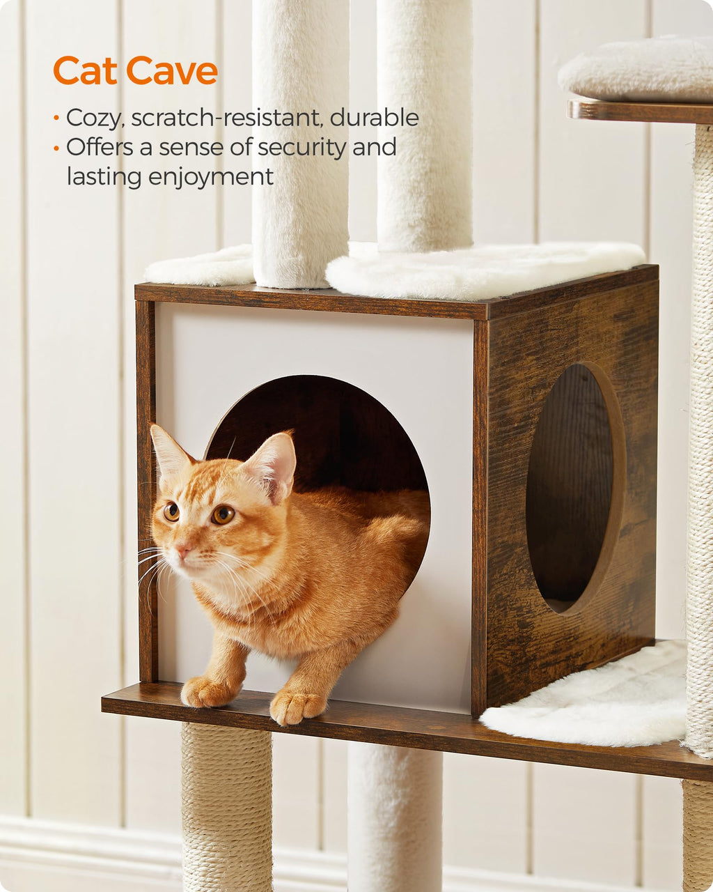Feandrea Cat Tree, 65-Inch Modern Cat Tower for Indoor Cats, Multi-Level Cat Condo with 5 Scratching Posts, Perch, Washable Removable Cushions, Cat Furniture, Cloud White UPCT166W01