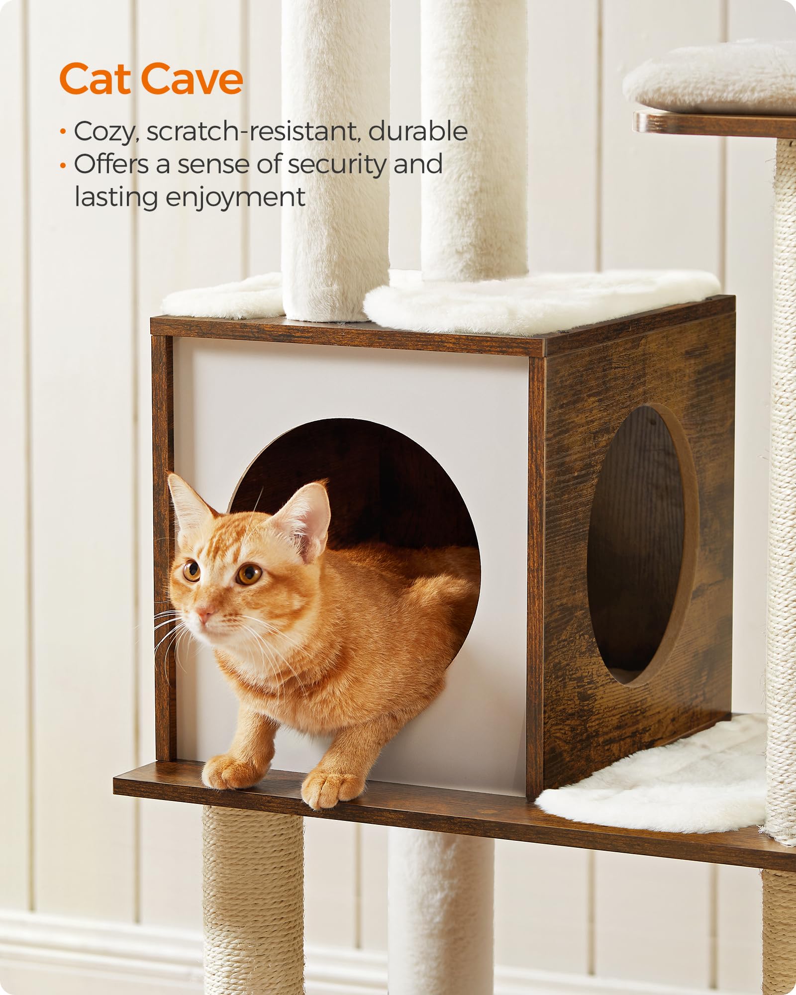 Feandrea Cat Tree, 65-Inch Modern Cat Tower for Indoor Cats, Multi-Level Cat Condo with 5 Scratching Posts, Perch, Washable Removable Cushions, Cat Furniture, Cloud White UPCT166W01