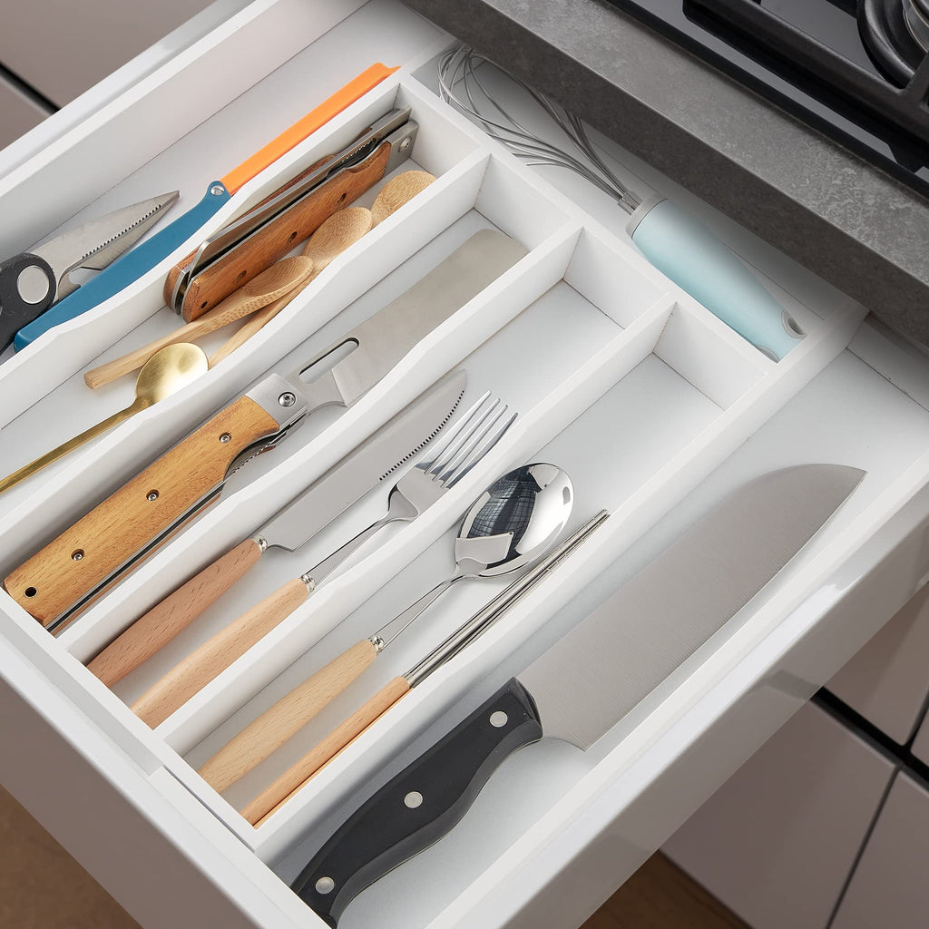 Expandable Acacia Kitchen Drawer Organizer for Cutlery and Utensils, Adjustable Acacia Wood Cutlery Tray in Drawer for Flatware and Silverware in Kitchen