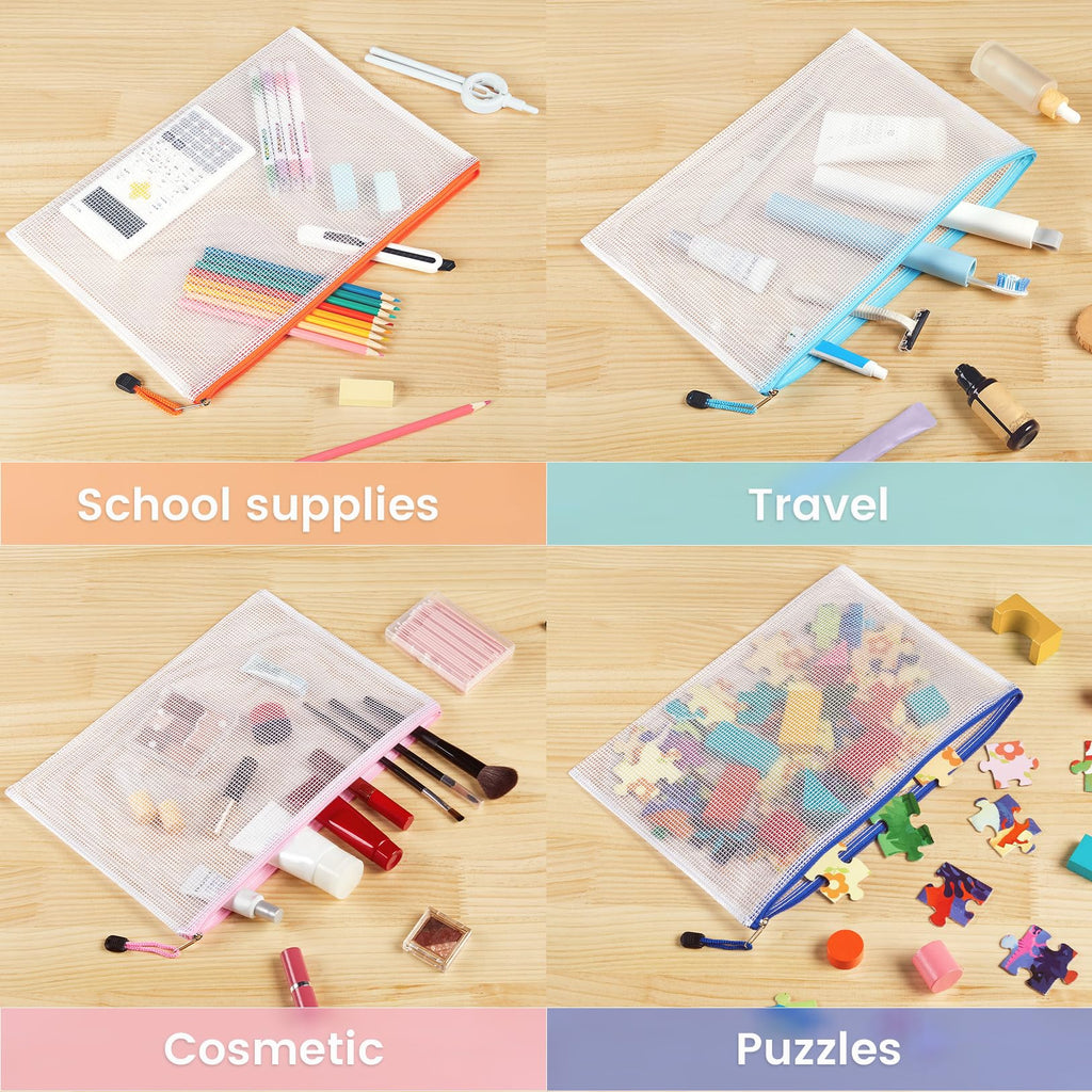 Sooez 24 Pack Mesh Zipper Pouch with Sticky Labels, A4 Mesh Bags, Sturdy Letter Size File Folders Organizer, Office School Classroom Supplies, Toy Storage Bag Board Game Puzzles Organization, Black