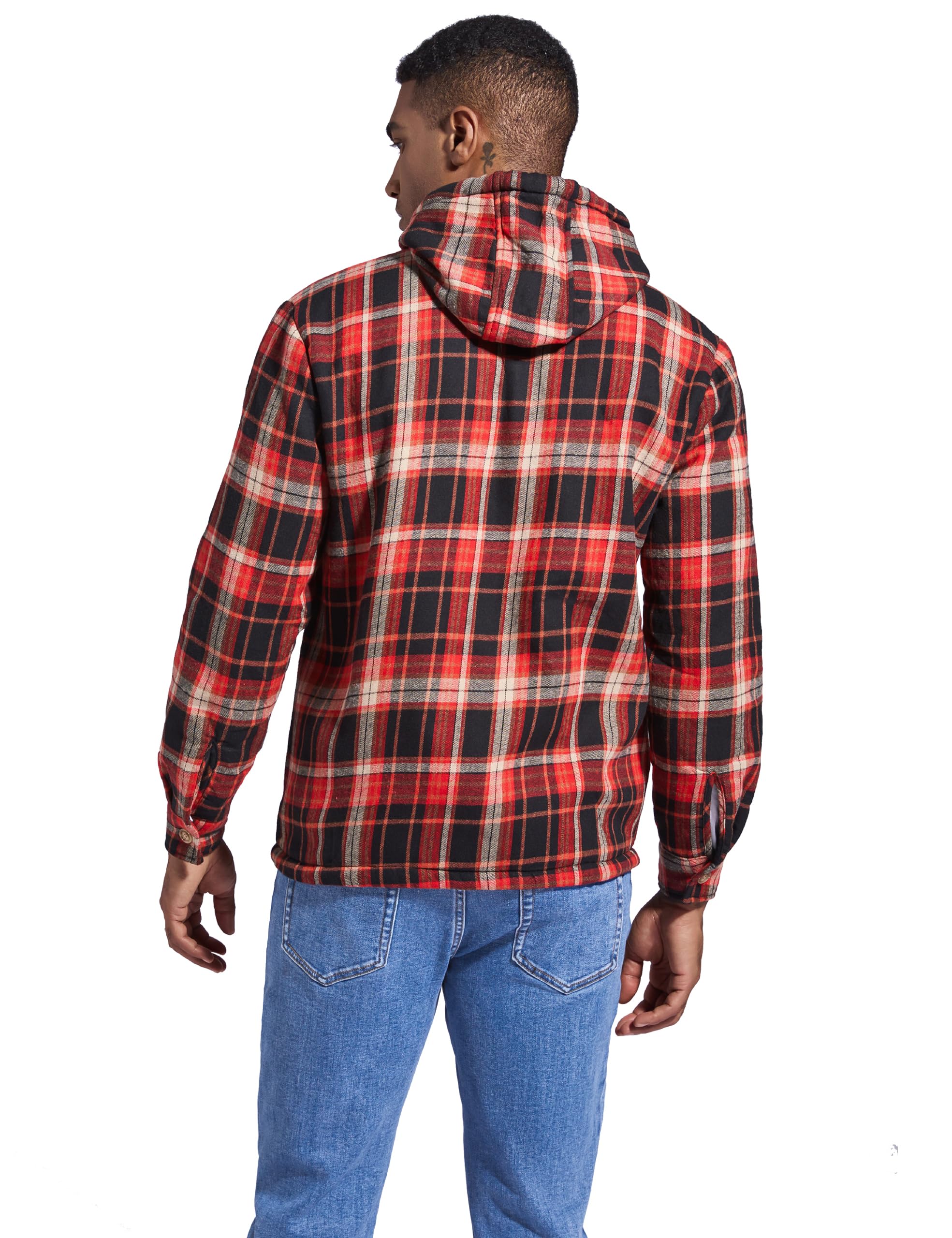 Men's Flannel Plaid Hooded Jackets Full Zip Sherpa Fleece Lined Hoodies Fashion Warm Coat