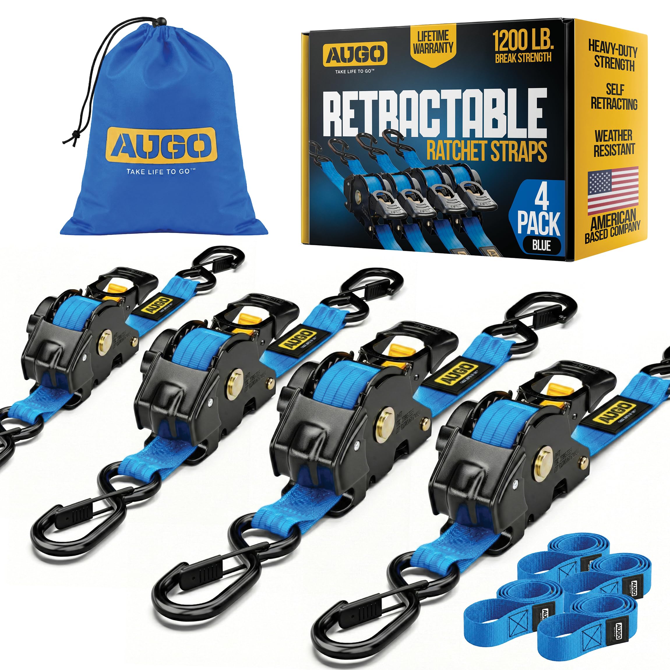 AUGO Retractable Ratchet Straps | 2 Heavy Duty Ratchet Straps Self Retractable Tie Downs with Soft Loops & Storage Bag for Motorcycle, Truck, Trailer, Cargo Van | 1200 Lb Break Strength 1” x 10’