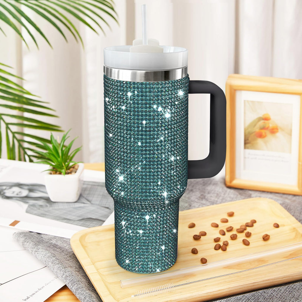 HWISDMIG 40oz Tumbler with Handle-Glitter Rhinestones Tumbler Bling Cups Stainless Steel Water Bottle Diamond Studded Tumbler for Women-Birthday Gifts for Women, Mom, Girlfriend (Amethyst)