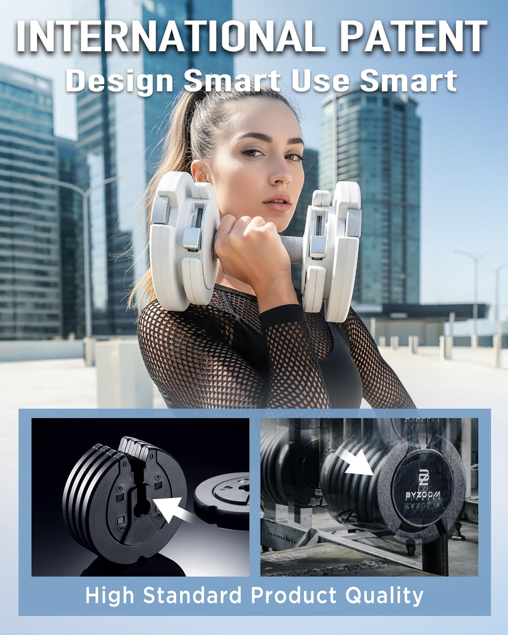 BYZOOM FITNESS Pure Series Adjustable Dumbbell - 12.5/25/27.5/50/55/75lb - ONE UNIT OR PAIR(check QTY before purchase) - 5-in-1/ 10-in-1 / 15-in-1 / 21-in-1 Flexible Hand Weights for Home Apartment Garage Gym, Strength Training & Fitness Workouts, White O