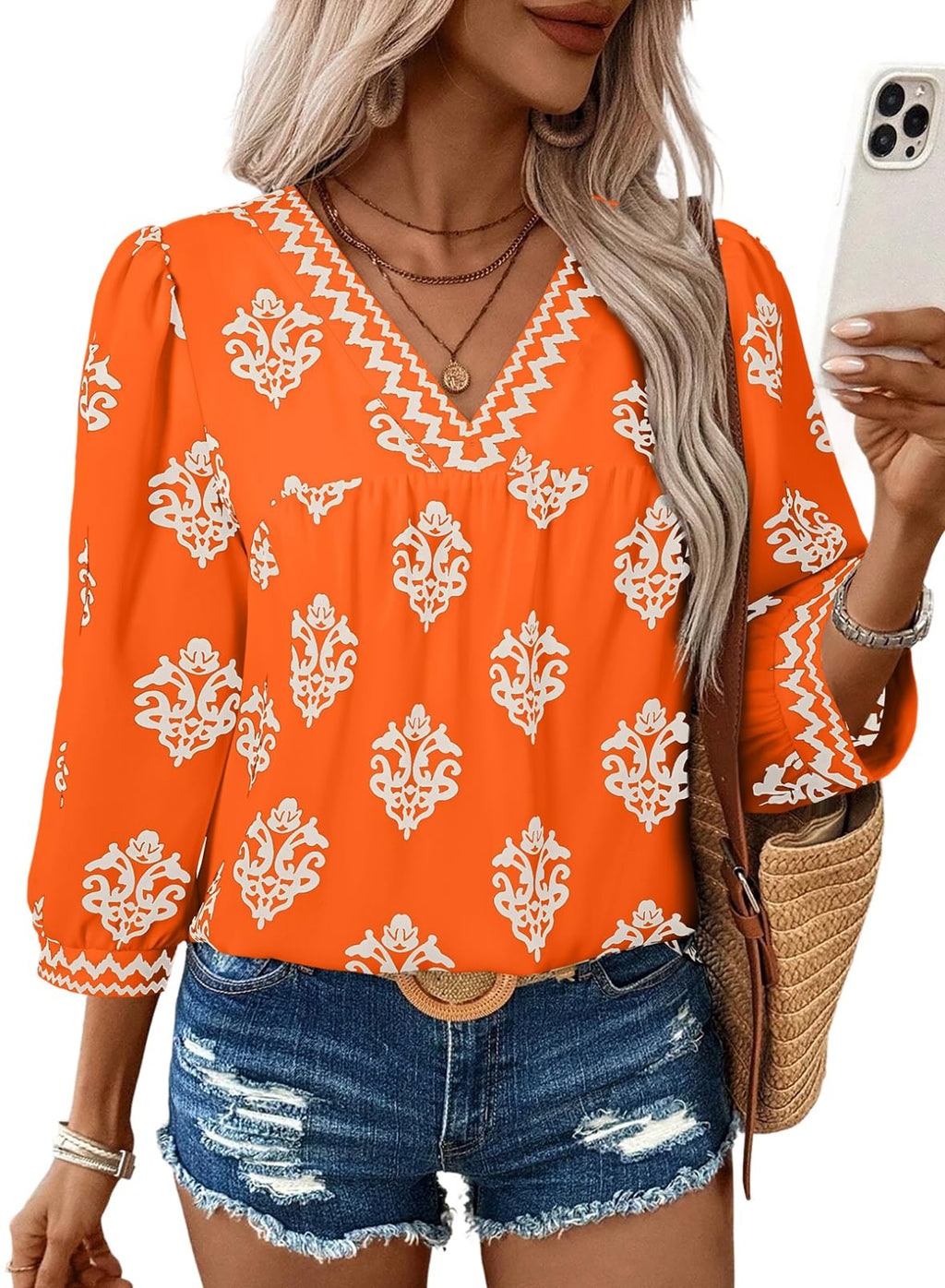 SHEWIN Women's Casual V Neck Floral Print Chiffon Blouses 3/4 Sleeve Boho Summer Tops Shirts