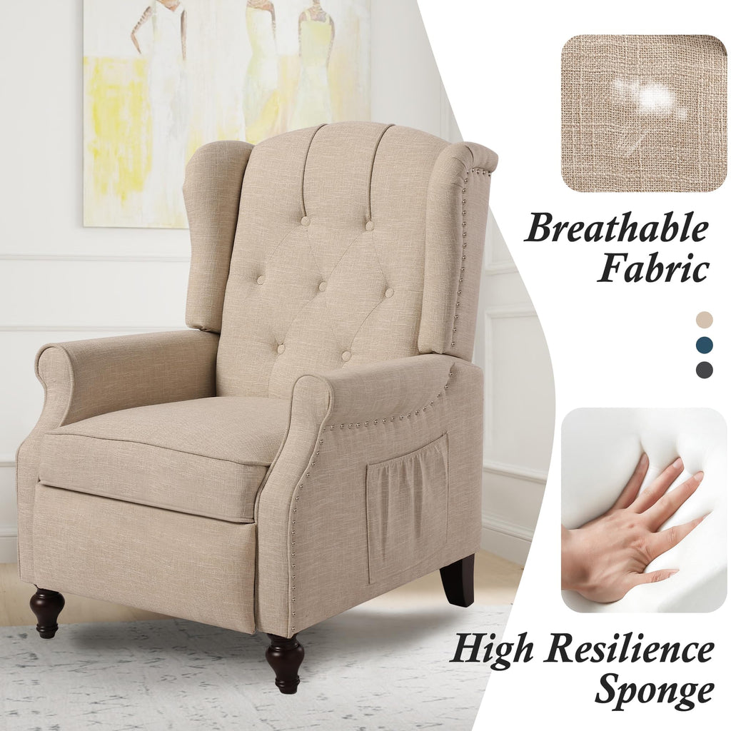 Wingback Chair with Massage and Heat, Tufted Fabric Pushback Recliner Chair, Wingback Recliner Chair with Remote Control, Padded Cushion, Wooden Legs, Small Recliners for Small Spaces