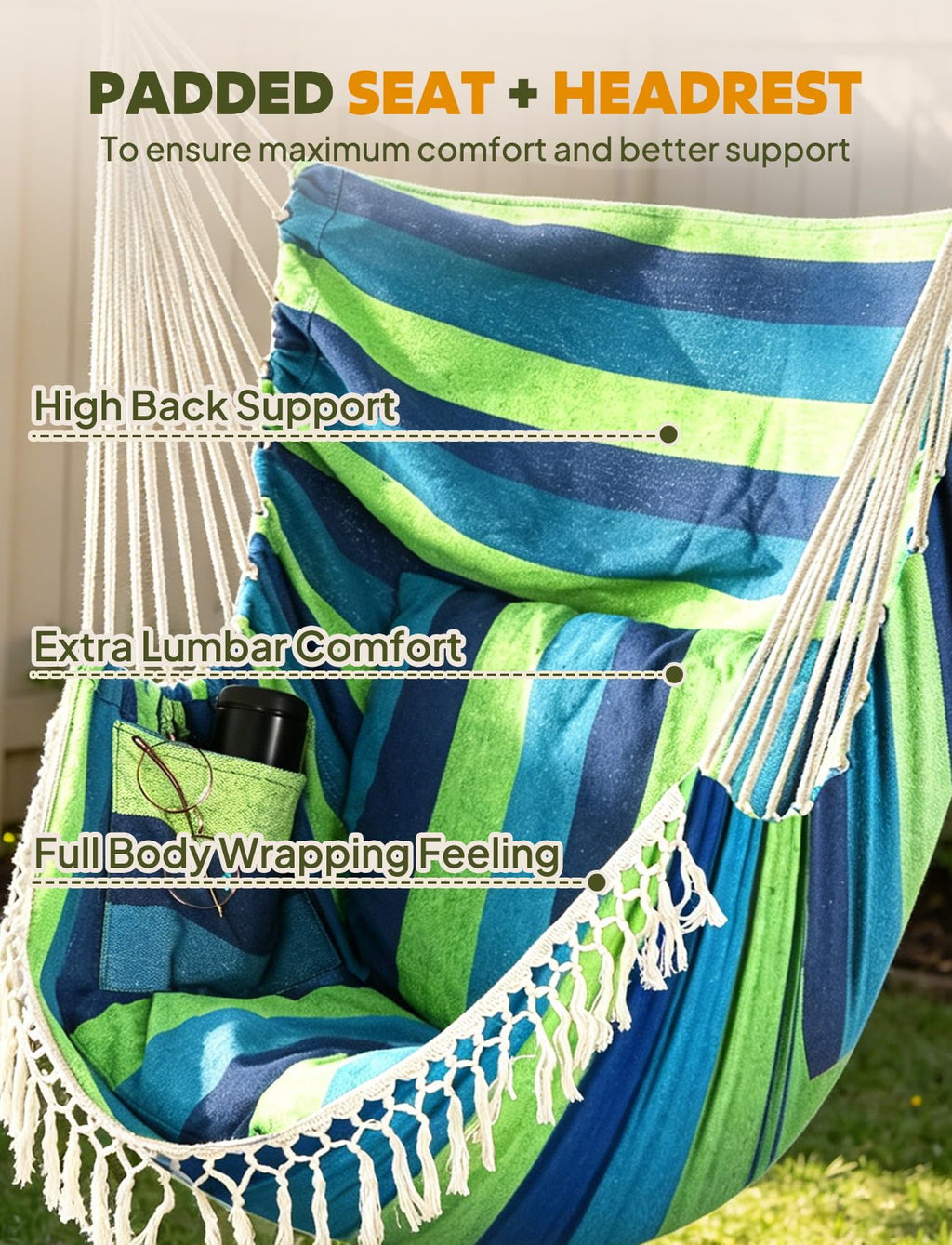Chihee Hammock Chair Hanging Swing Max 500 Lbs 2 Cushions Included Metal Spreader Bar with Anti-Slip Grooves Portable Hanging Chair Side Pocket Large Macrame Bohemian Chair Indoor Outdoor | Hanging Swing with Anti-Slip Grooves Portable Hanging Chair Side