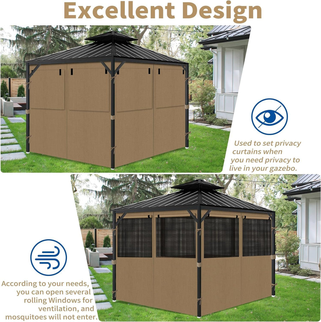 Gazebo Privacy Curtains 10' x 10' with Mosquito Windows, 4-Panels Side Wall with Zipper Universal Replacement for Patio, Outdoor Canopy, Garden and Backyard, Gray (Curtain Only)