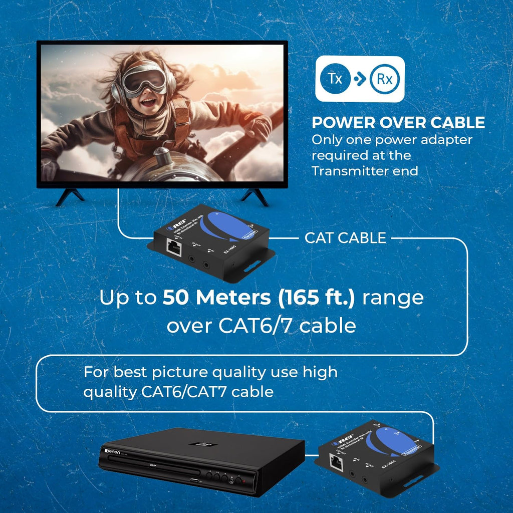 OREI HDMI Extender Over CAT6/CAT7 165ft, 1080p@60Hz HDMI Over Ethernet with Bi-Directional IR, HDMI Loop Out, PoC, Plug-and-Play for TV, Projector, Gaming & AV Setup (EX-165C)