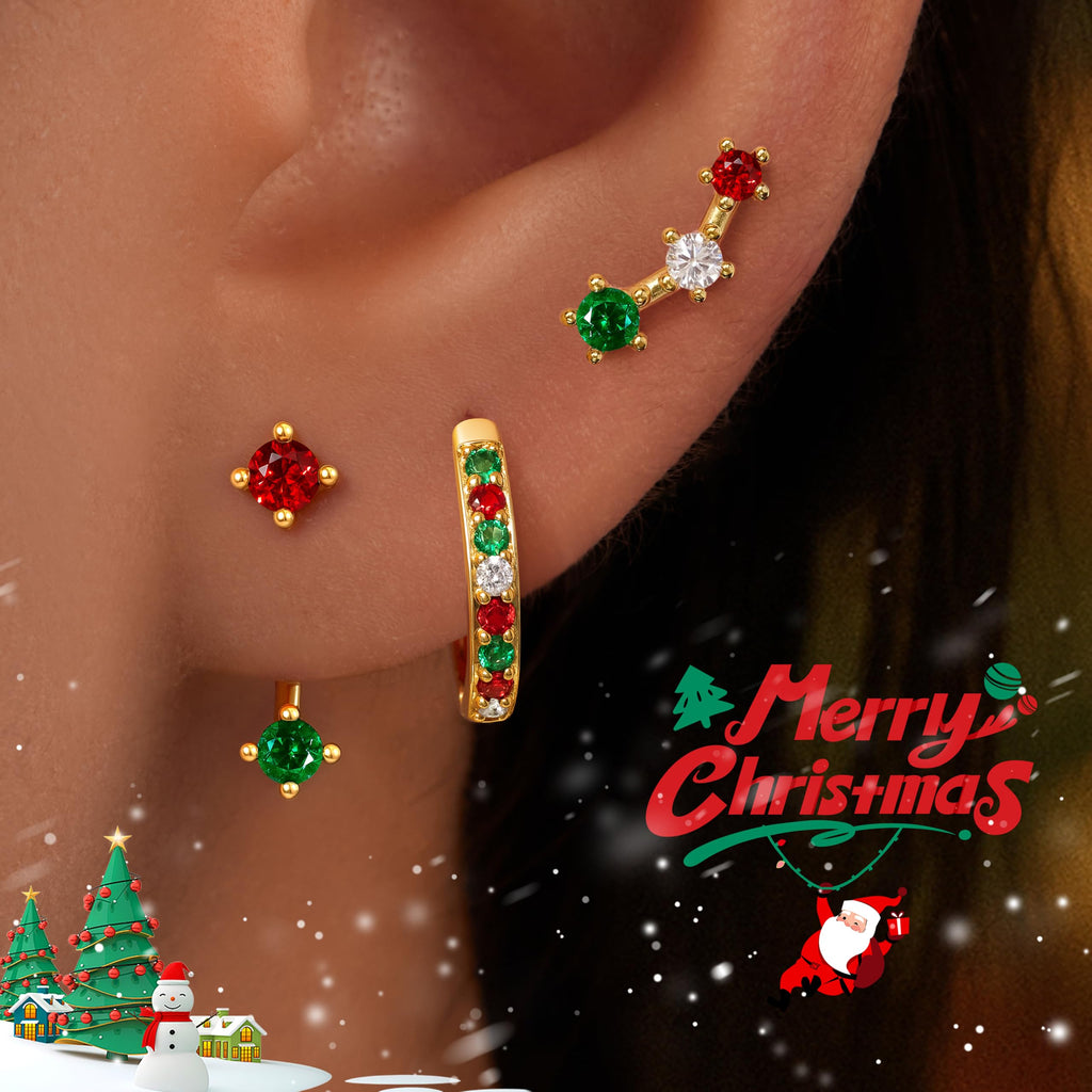 3 Pairs Dainty Small Earrings Set for Women Trendy, Birthstone Stud Huggie Hoop Jacket Stack for Cartilage Helix, Gold Plated Hypoallergenic Cute Women Fashion Accessories Western Jewelry Gifts