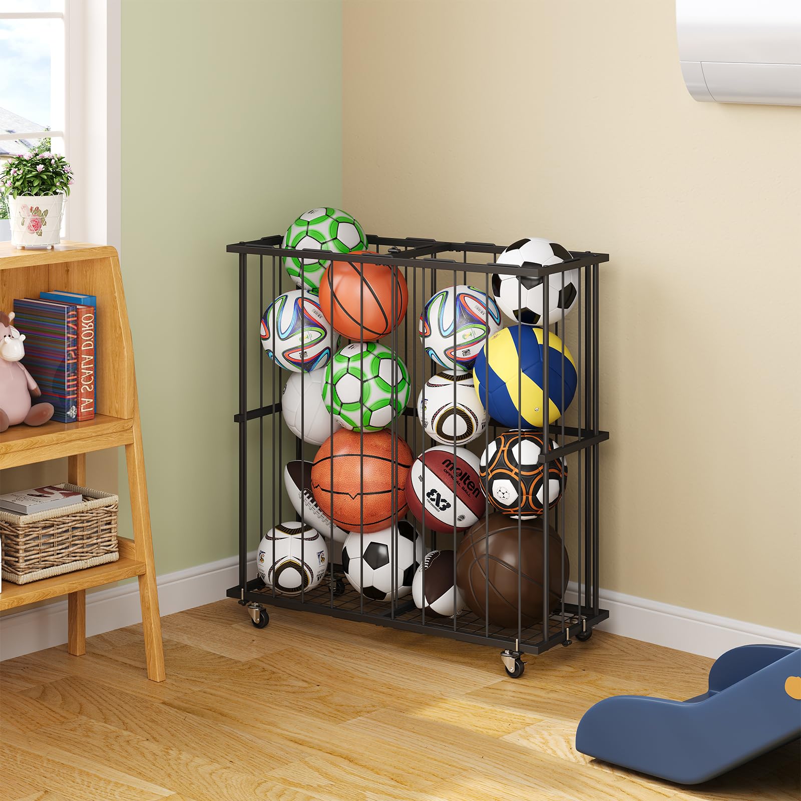 Hencawima Garage Ball Storage: Round Sports Equipment Organizer with Wheels, Sports Ball Rack With Elastic Rope, Ball Holder for Basketball, Soccer, Volleyball, Football, Garage, Gym, Outdoor (Black)