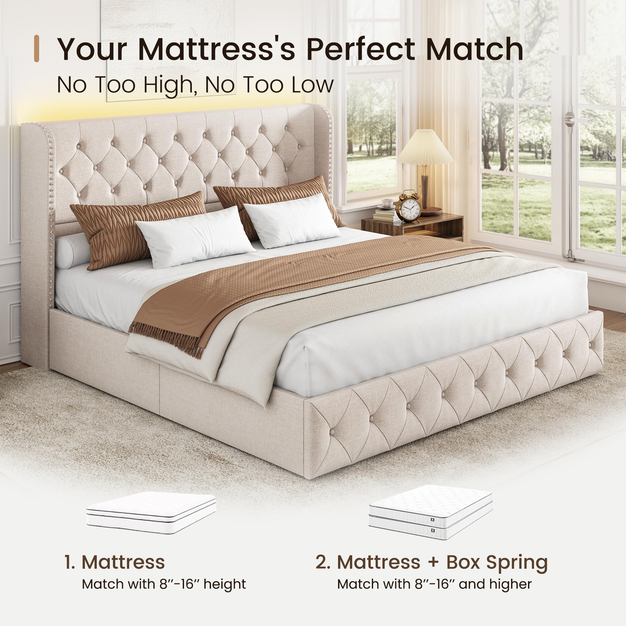 BRELTAM Full Size Bed Frame with Storage Drawers and Wingback Headboard Linen Upholstered Platform Bed Frame Tufted Beds with Heavy Duty Wood Slats, Noise Free, Easy Assembly, Beige