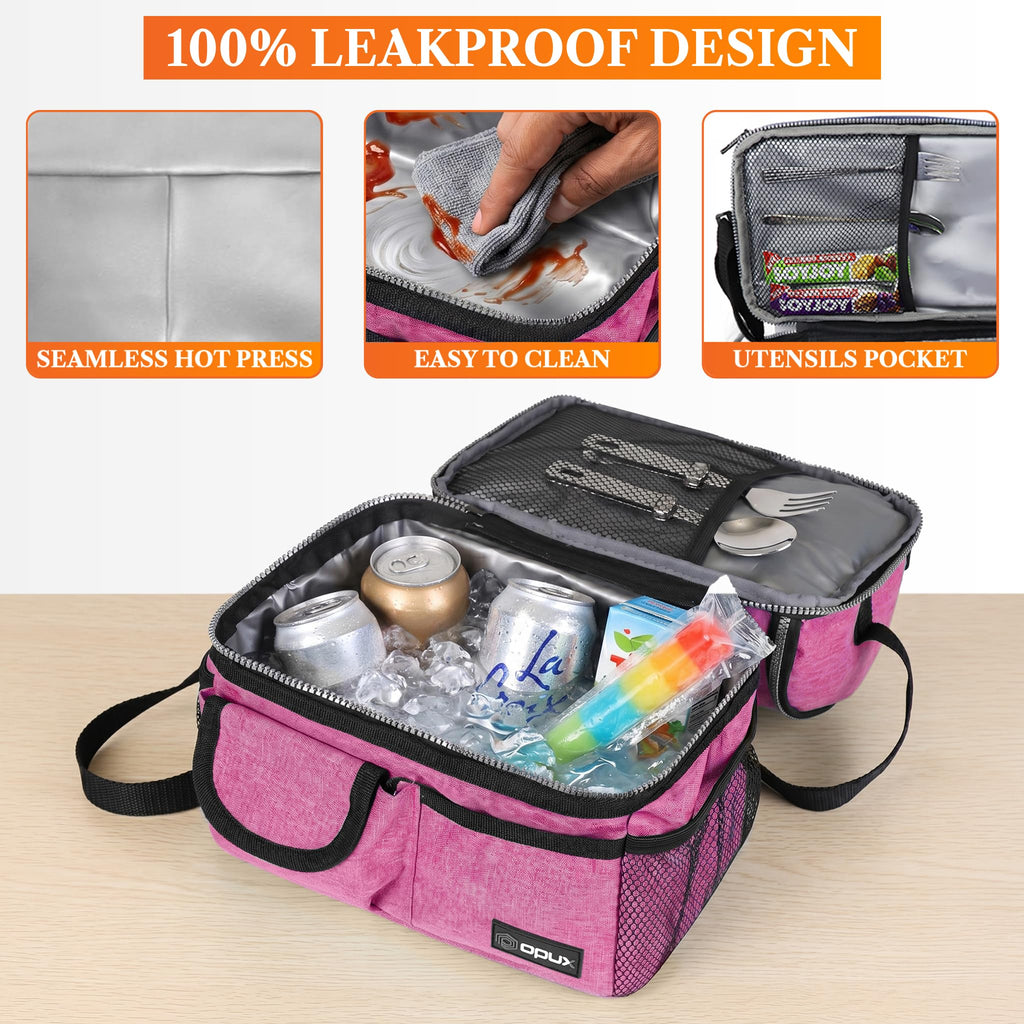 opux Insulated Lunch Bag Women Men, Dual Compartment Leakproof Lunch Box Adults Kids, Double Decker Meal Prep Bento Lunch Cooler Tote with Shoulder Strap for Work Office School Travel, Black