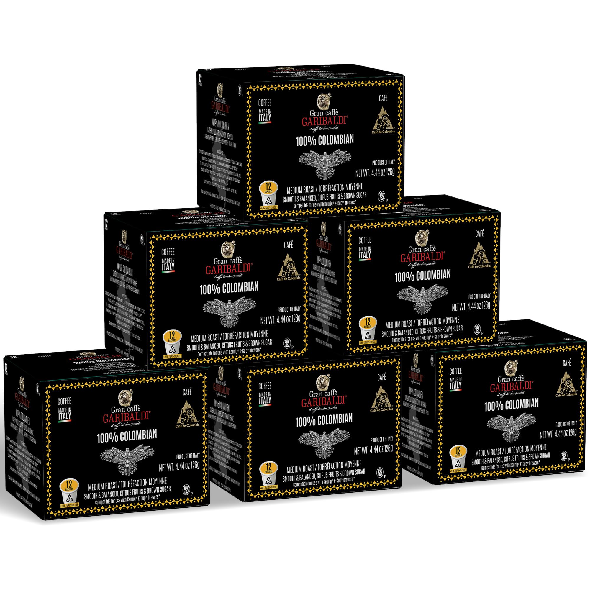 Caffè Garibaldi Colombian Coffee Pods, for Keurig K-Cup Brewers, Single Serve Cups with 100% Arabica Blend for Coffee Makers, 12 Count Recyclable Pods - Medium Roast