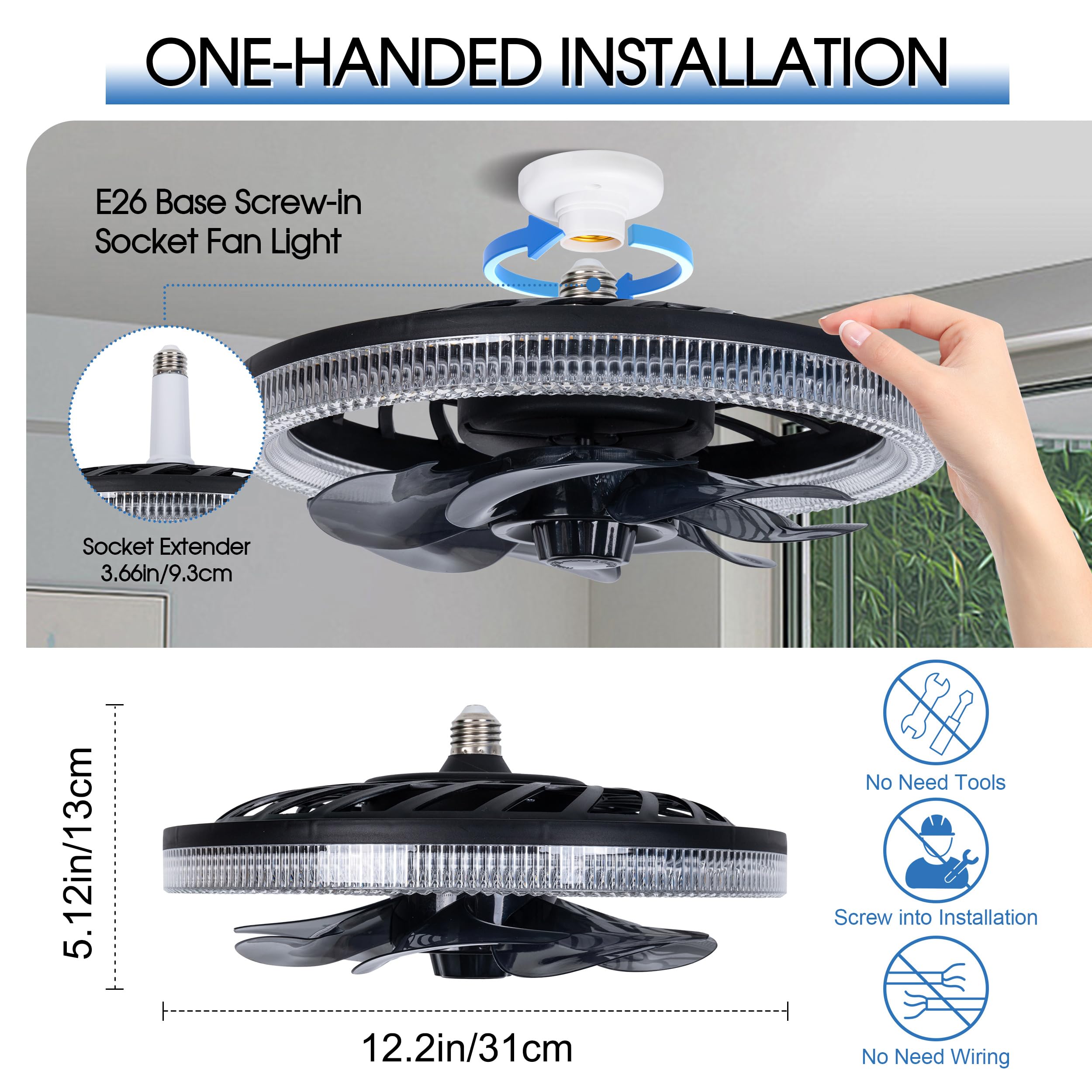 Socket Ceiling Fan Light,Bulb Socket Fan with Remote,Dimmable E26 Base Ceiling Fans with Lights for Bedroom,Screw in Fan and Light Combo,Mini Small Ceiling Fan with Light,Recessed Light Fan Lamp