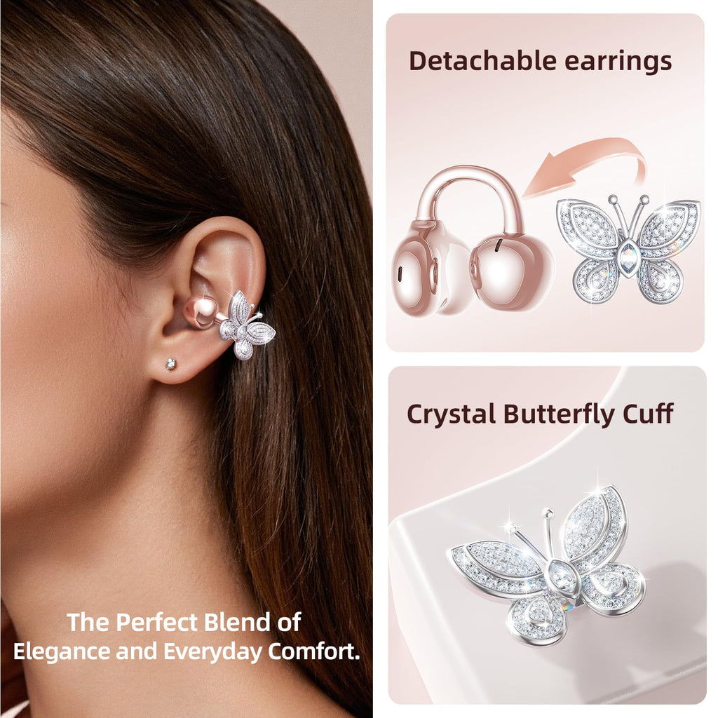 Kinglucky Jewelry-Inspired Clip-On Earbuds with Butterfly Earrings, Comfortable Fit & 40H Playtime Open Ear Bluetooth 5.4 Wireless Headphones for Women, Small Ears, Sports & Workouts (Black)