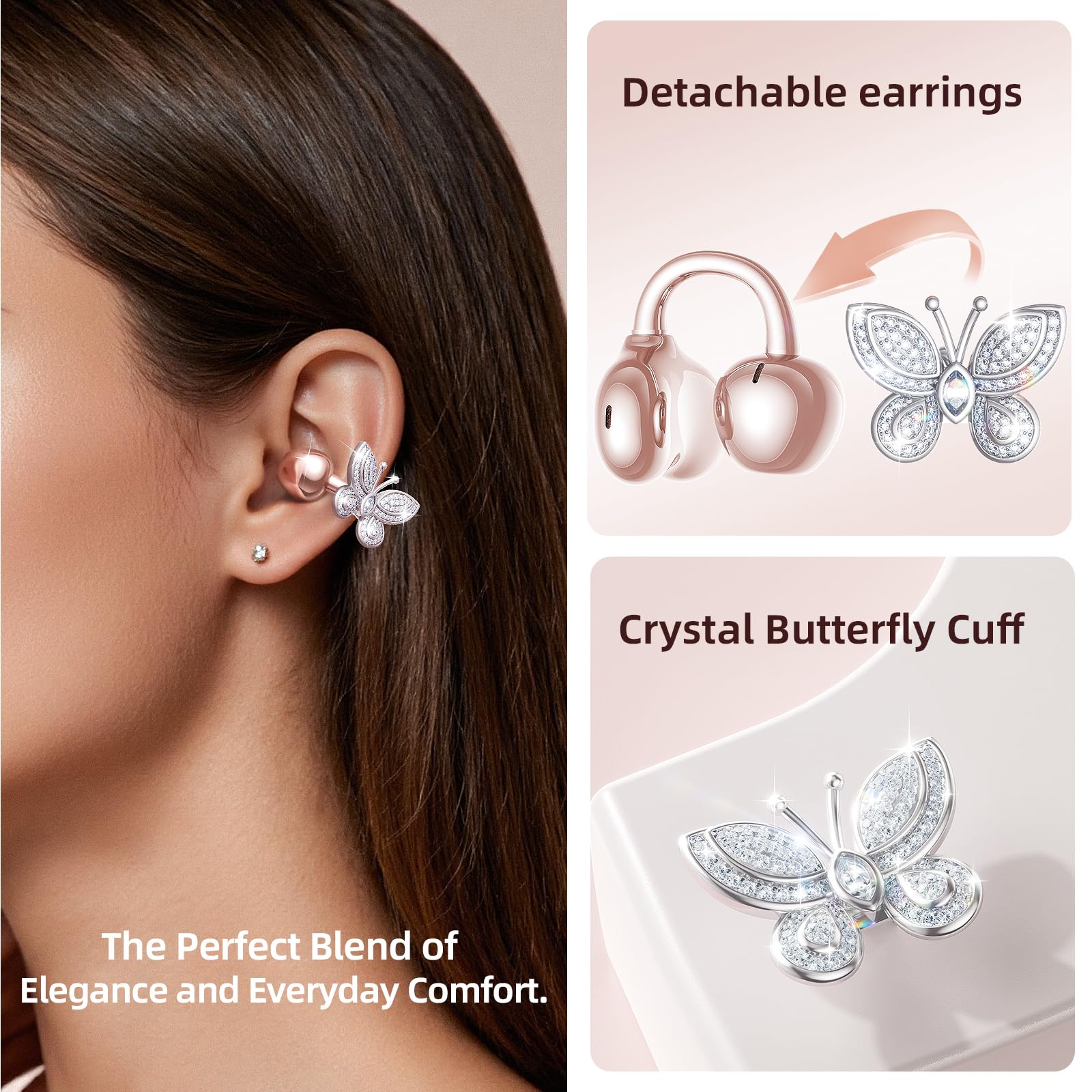 Kinglucky Jewelry-Inspired Clip-On Earbuds with Butterfly Earrings, Comfortable Fit & 40H Playtime Open Ear Bluetooth 5.4 Wireless Headphones for Women, Small Ears, Sports & Workouts (Black)