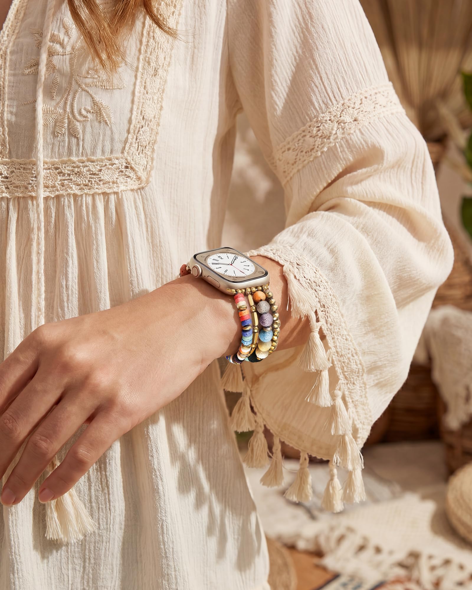 VISOOM Beaded Boho Bracelet Compatible for Apple Watch Band 40mm/38mm/41mm/42mm Series 11 10 9 8 7 SE Series 6/5/4 Women Fashion Cute Handmade Crystal Beads Stretchy Watch Strap for iWatch Bands 3/2/1