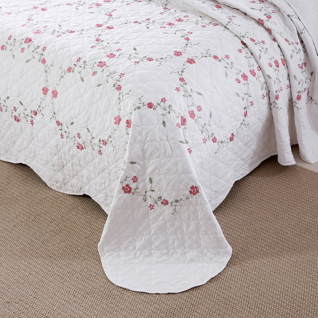 vctops 3-Piece Floral Embroidered Bedspread Coverlet Set Twin Size 100% Cotton Reversible Patchwork 1 Quilt and 2 Pillow Shams (Flower,Twin)