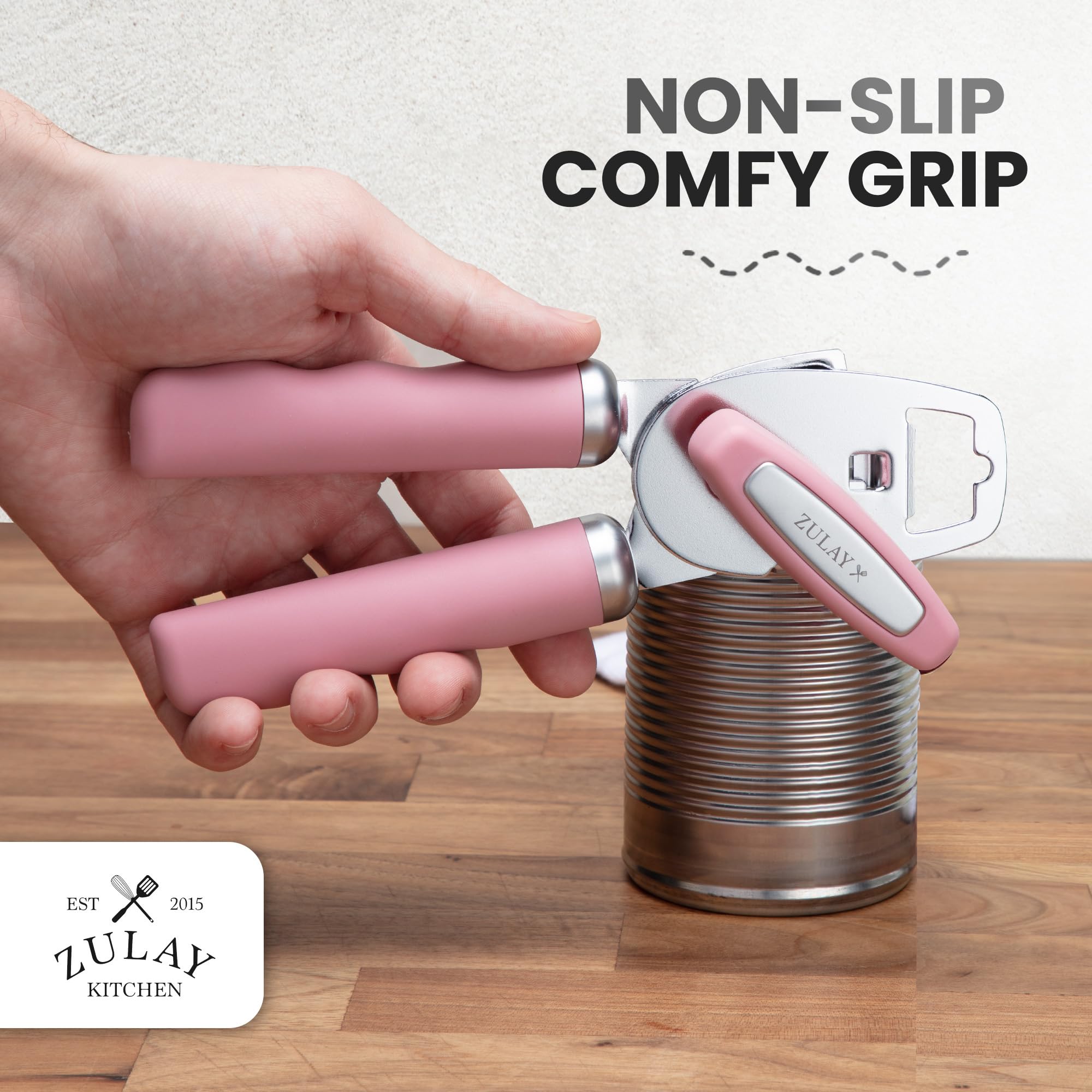 Zulay Kitchen Heavy Duty Stainless Steel Can Opener Manual with Bottle Opener - Rust Proof Manual Can Opener With Turn Knob & Comfy Soft Grip Handles - Airy Lilac