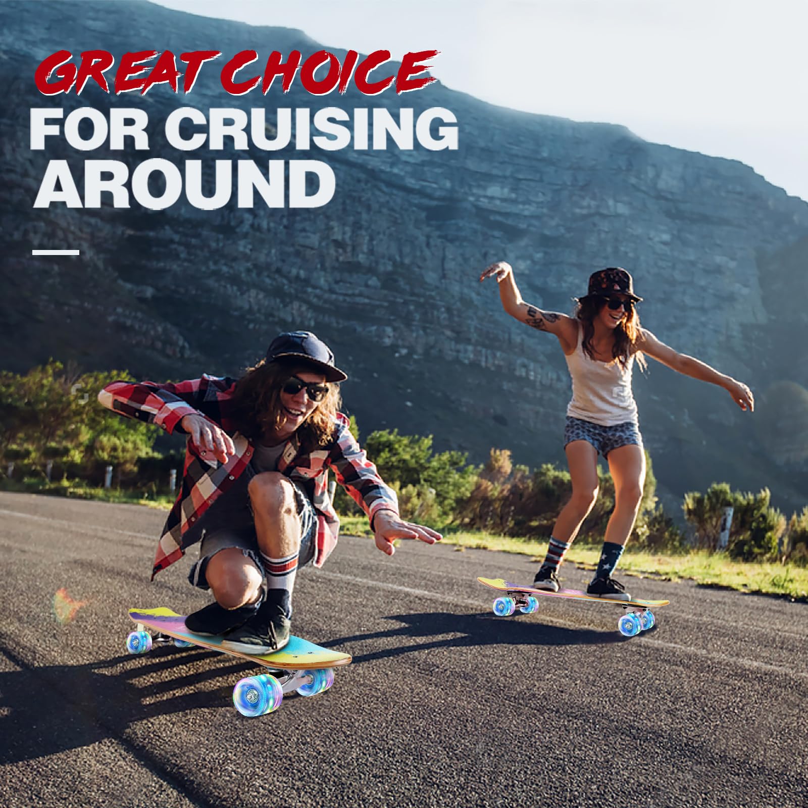 BELEEV Cruiser Skateboards for Beginners, 27 x 8 inch Complete Skateboard for Kids Teens Adults, 7 Ply Canadian Maple Double Kick Deck Concave Skateboard with Skate T-Tool