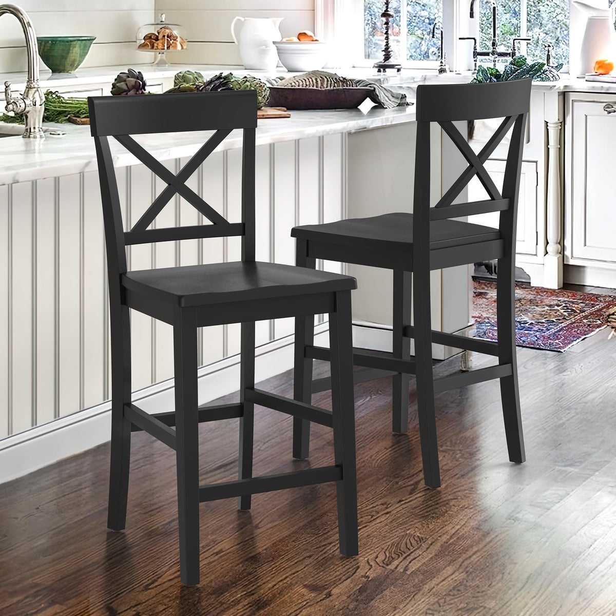 Cozyman Bar Stools Set of 2, 24" H Wooden Counter Stools with Back and Footrest, X-Back Farmhouse Barstools for Kitchen Island, Home Bar, Black