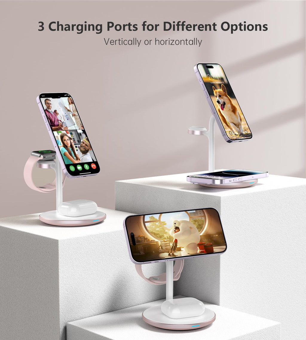 XooFly 3 in 1 Wireless Charging Station for Apple Devices, Fast Wireless Mag-Safe Charger Stand with 20W Adapter for iPhone 17/16 15 14 13 12 Pro Max/Pro/Plus/Air/Mini, iWatch, AirPods (Black)