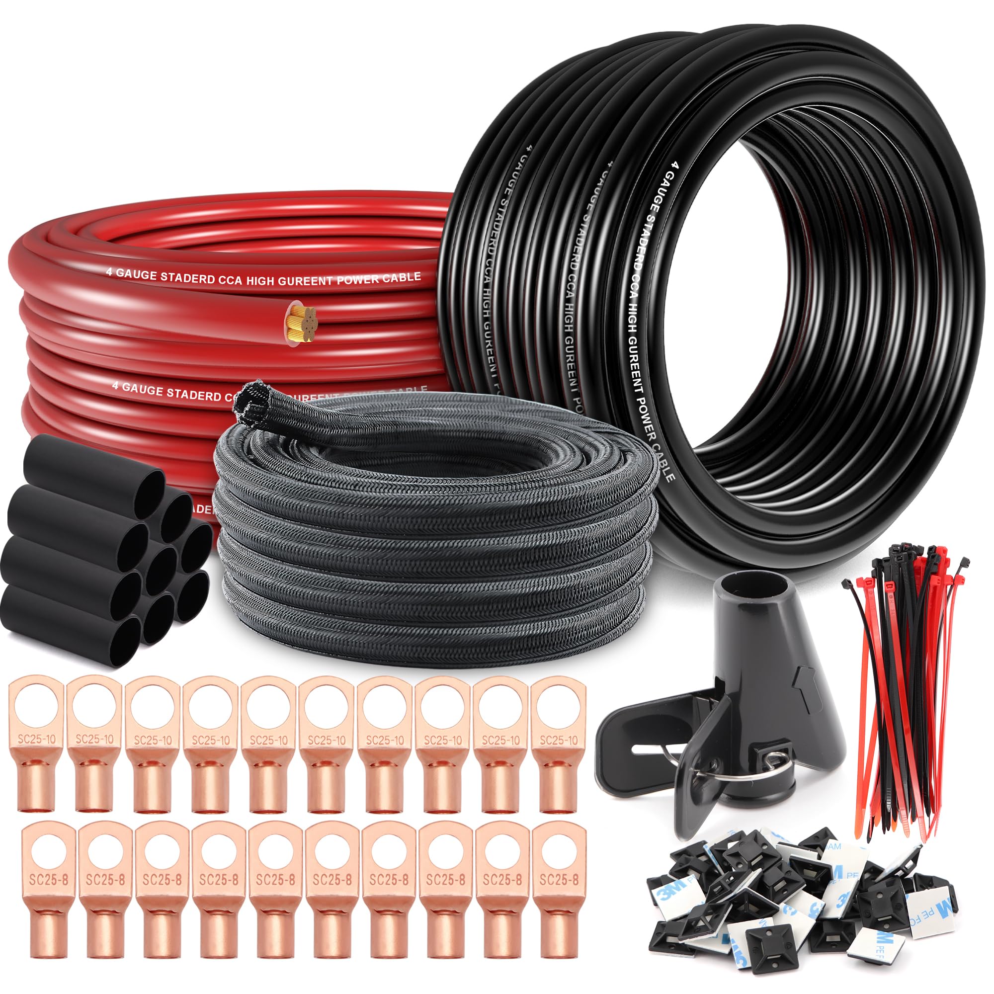 4 Gauge Wire (50ft Each - Red/Black) Copper Clad Aluminum CCA with Cable Cutter,Lugs Terminal Connectors and Heat Shrink Tube - Battery Power/Ground Cable,Car Audio Speaker,RV Trailer Amp Wiring kit