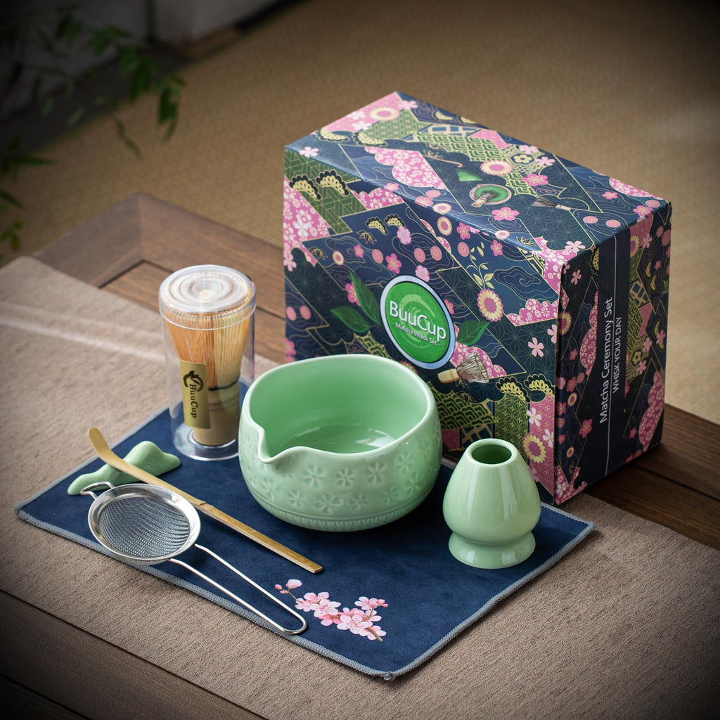 Buucup Matcha Whisk Set, Ceramic Matcha Kit Includes Matcha Bowl, Matcha Whisk and Holder, Bamboo Scoop, Scoop Rest, Sifter and Tea Towel - 7 Pcs Matcha Kit for Matcha Lovers (Blue)