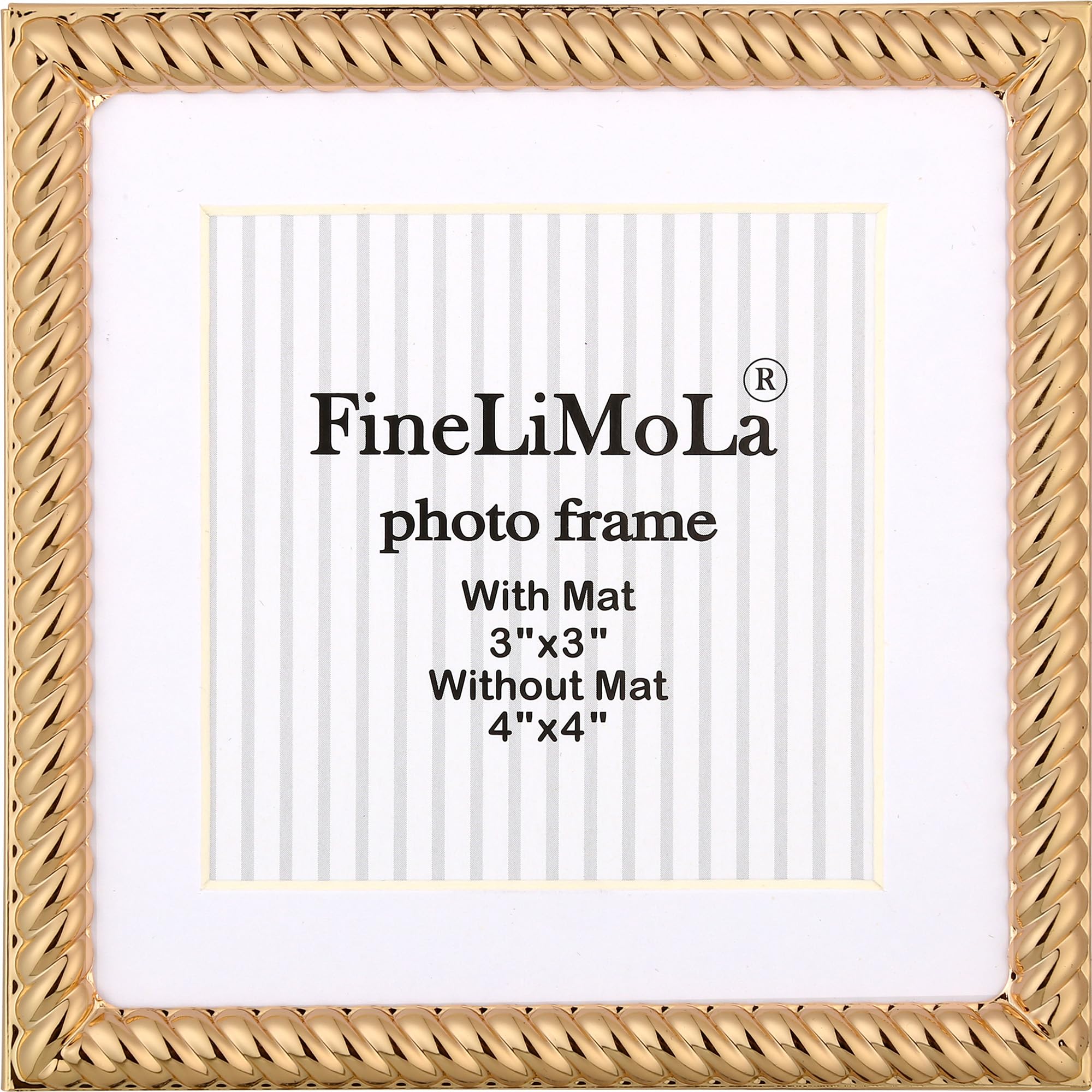 4x4 Gold Rope Design Metal Picture Frame With Mat for 3x3'', Premium Velvet Backing Real Glass Front Desktop & Wall Display Elegant Home Decor