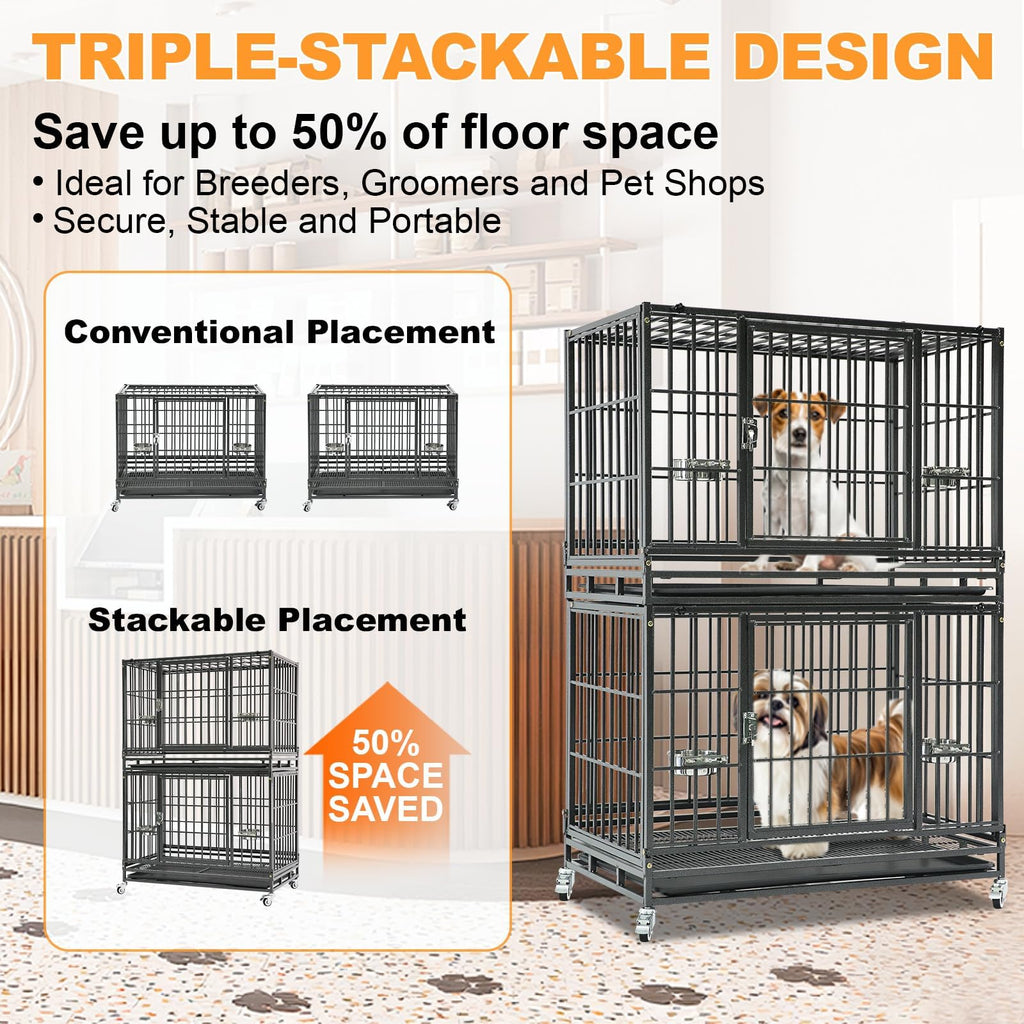 Homey Pet 37 inch Stackable Heavy Duty Dog Crate, Indestructible Escape Proof Dogs Cage Kennel with Lockable Wheels, Removable Tray & Metal Grid, Double Doors for High Anxiety Medium/Small Dogs