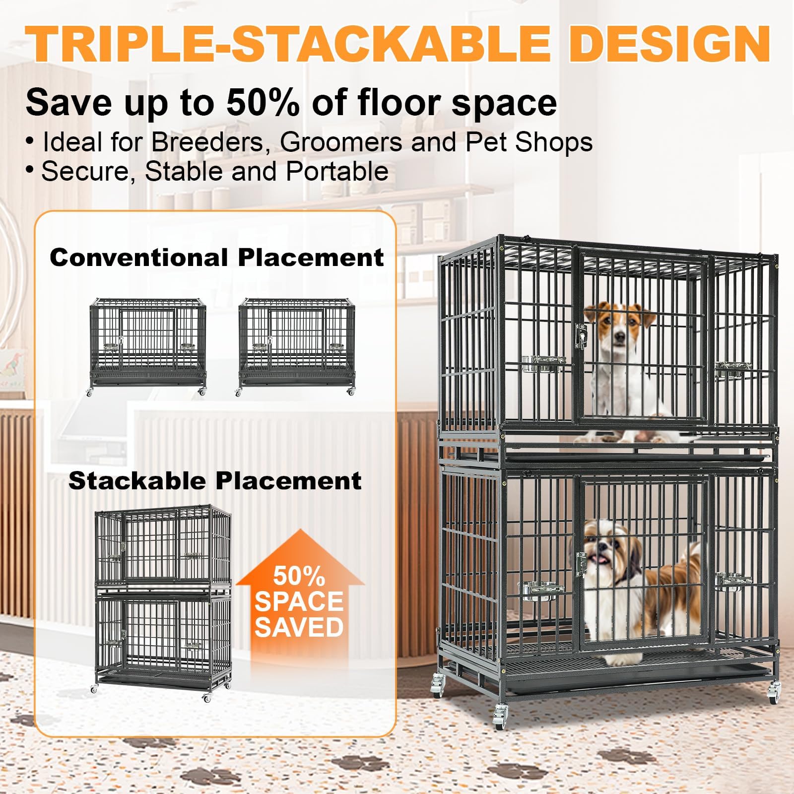 Homey Pet 37 inch Stackable Heavy Duty Dog Crate, Indestructible Escape Proof Dogs Cage Kennel with Lockable Wheels, Removable Tray & Metal Grid, Double Doors for High Anxiety Medium/Small Dogs