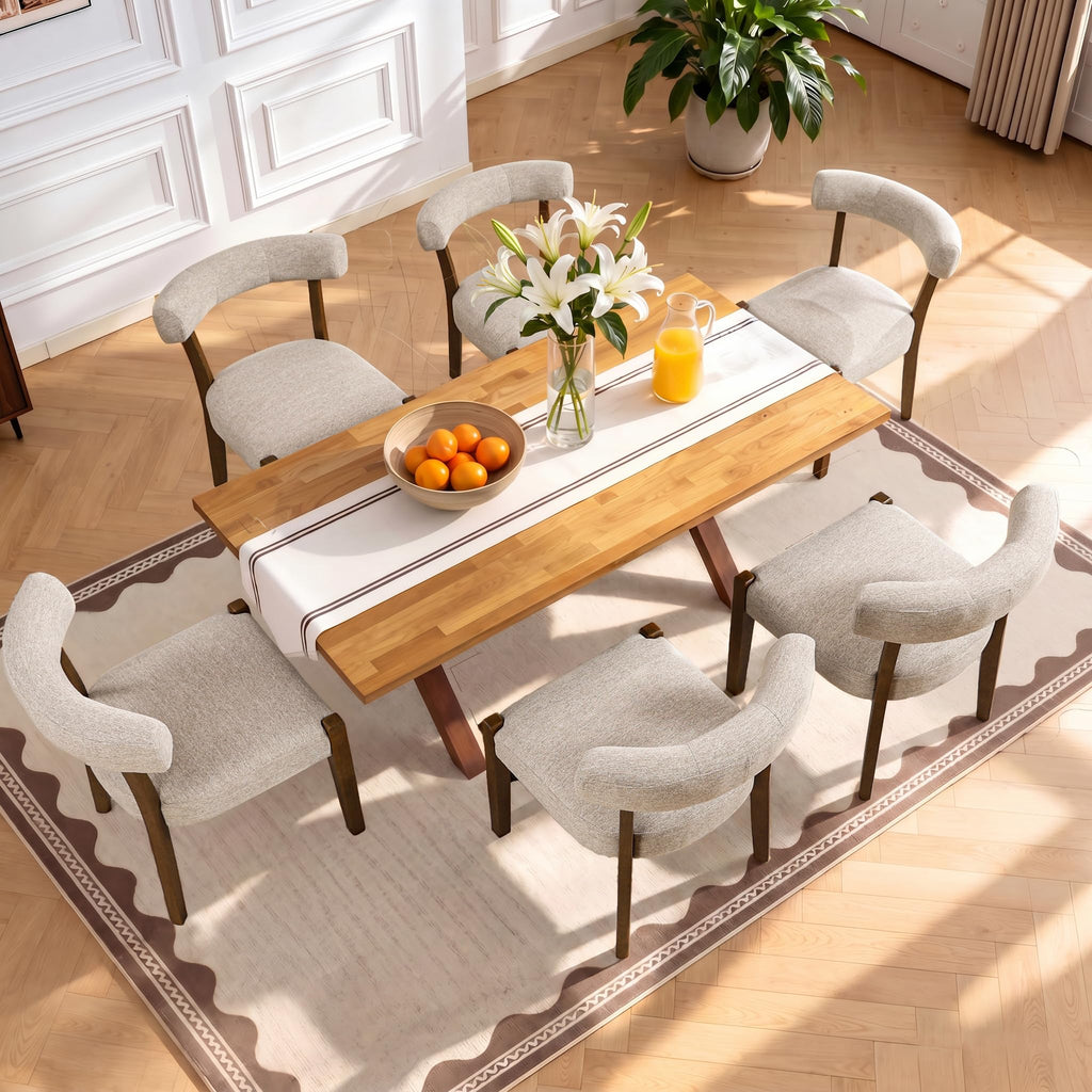 RNKSFX Upholstered Dining Chairs Set of 2, Walnut Wooden Kitchen & Dining Room Chairs, Mid Century Modern Fabric Farmhouse Dining Chairs Oversized Sturdy Rounded Chairs Curved Back, Beige Fabric