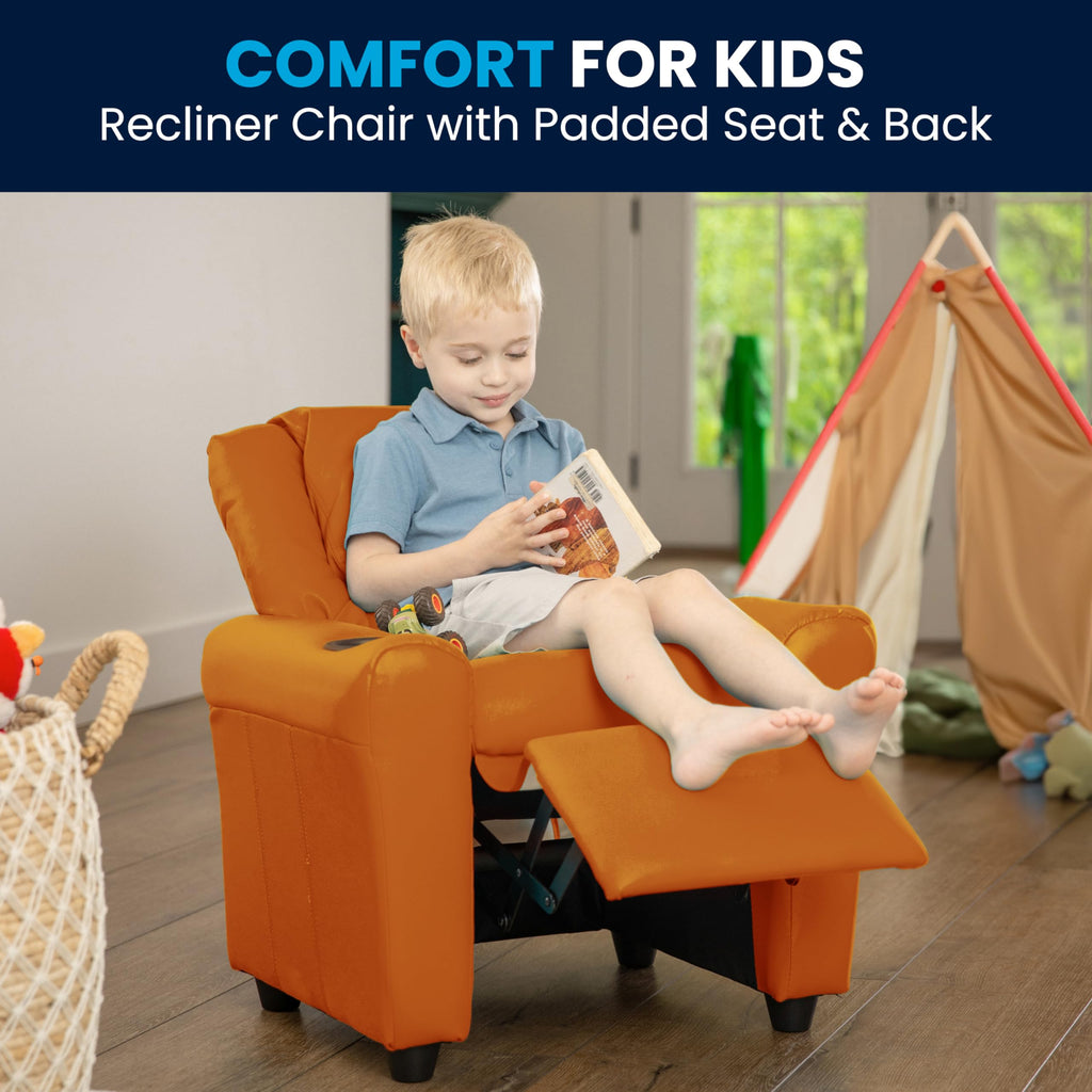 Flash Furniture Vana Vinyl Kids Recliner with Cup Holder, Headrest, and Safety Recline, Contemporary Reclining Chair for Kids, Supports up to 90 lbs., Beige