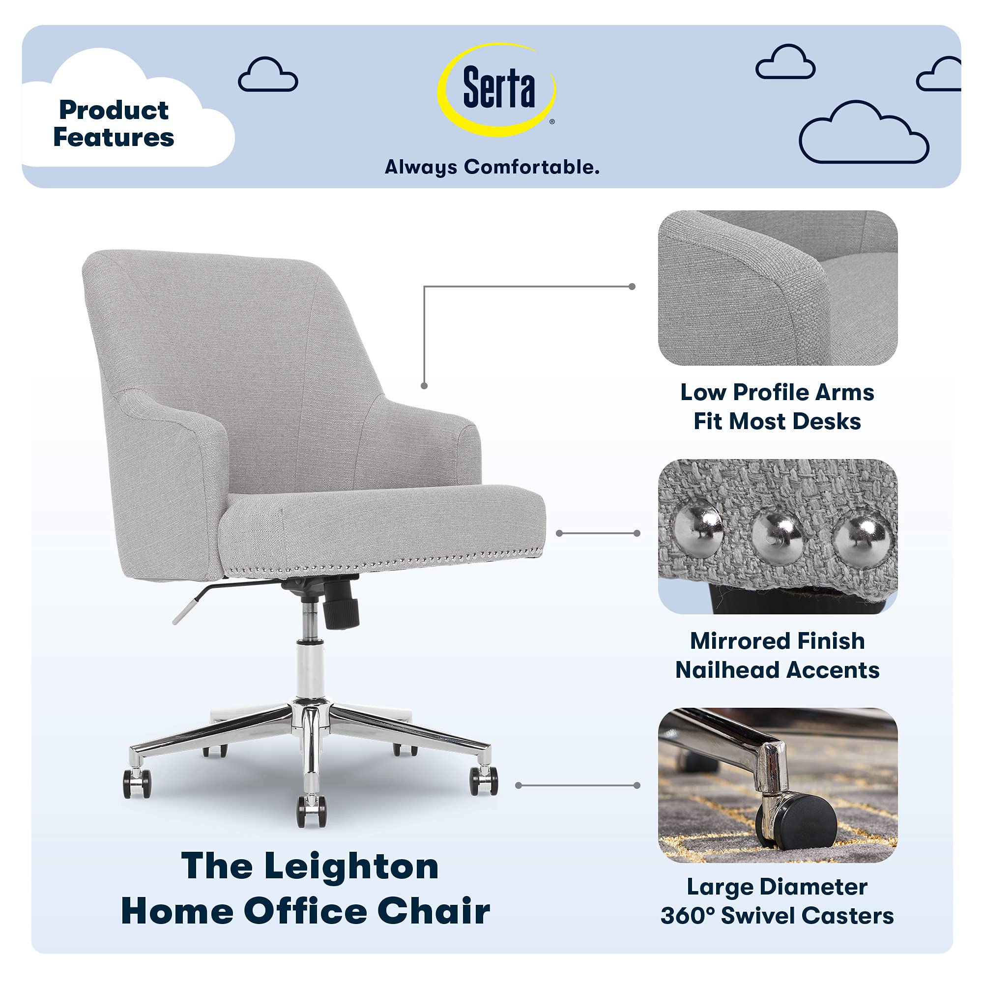 Serta Scarlett Modern Office Chair, Pleated and Curved Mid-Back Desk Chair, Pocket Coil Seat Cushion, Padded Armrests, Vanity Armchair with Wheels, Swivel Gold Base, Beige Velvet Fabric
