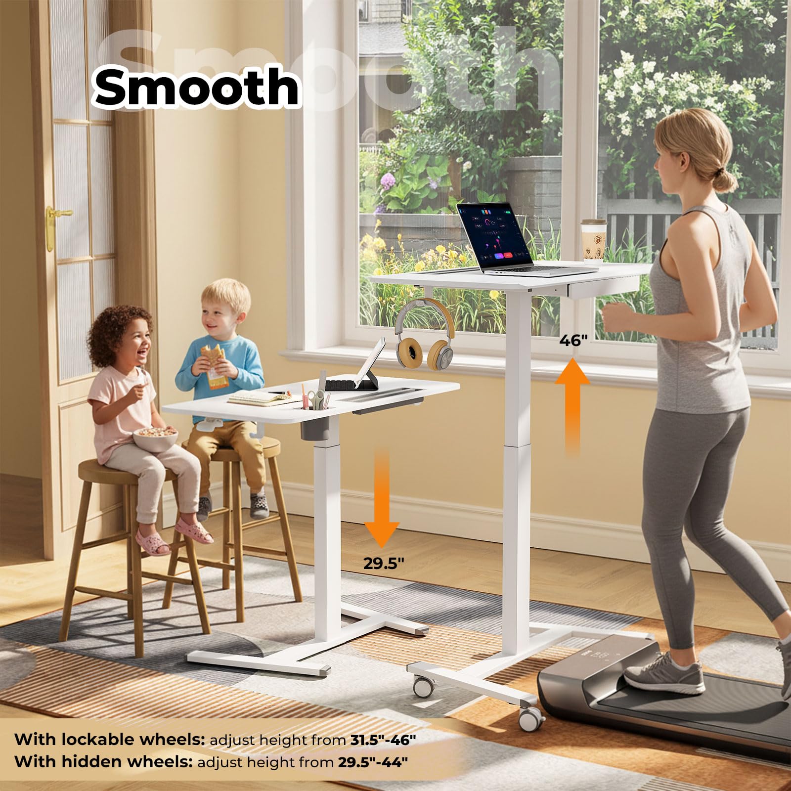 Small Mobile Standing Desk with Drawer, 23.6"x19.7" Rolling Laptop Cart on Wheels, Height Adjustable Sit Stand Computer Workstation with Storage for Compact Space, Black