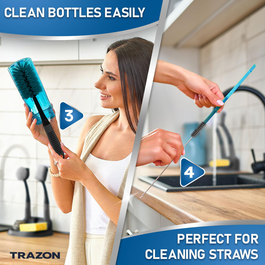 Dish Brush Set of 5 with Holder - Kitchen Scrub Brushes with Non-Slip Long Handle for Cleaning, Scrubber, Dishwashing, Dishes, Bottles, Straws, Cups, Pots & Sink, Baige