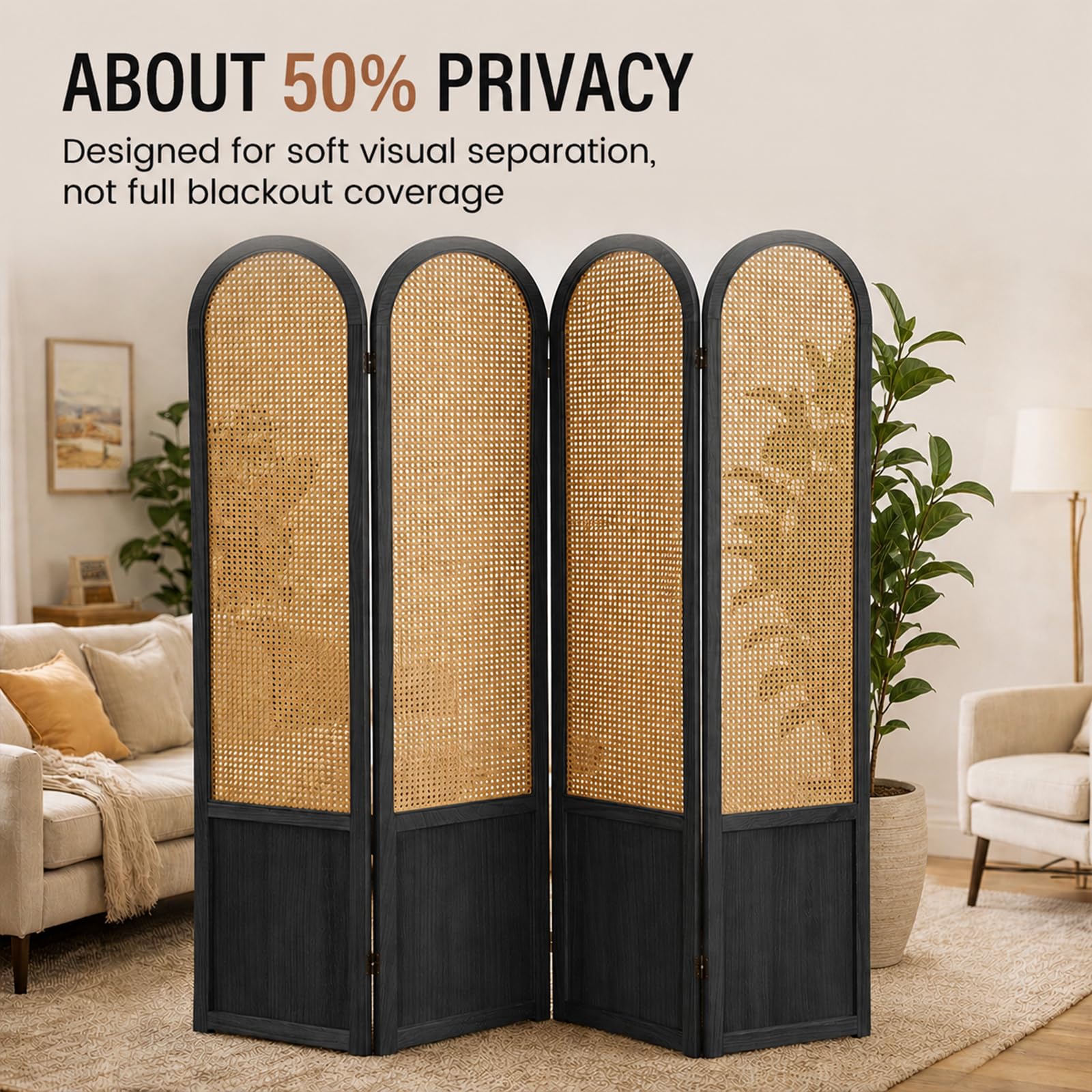 Hand-Woven Rattan Room Divider 3 Panels, 5.9 Ft Tall Wood Room Divider Panel, Partition Screen Divider Wall, Folding Privacy Screen, Wall Divider for Room Separation Home Office - Black