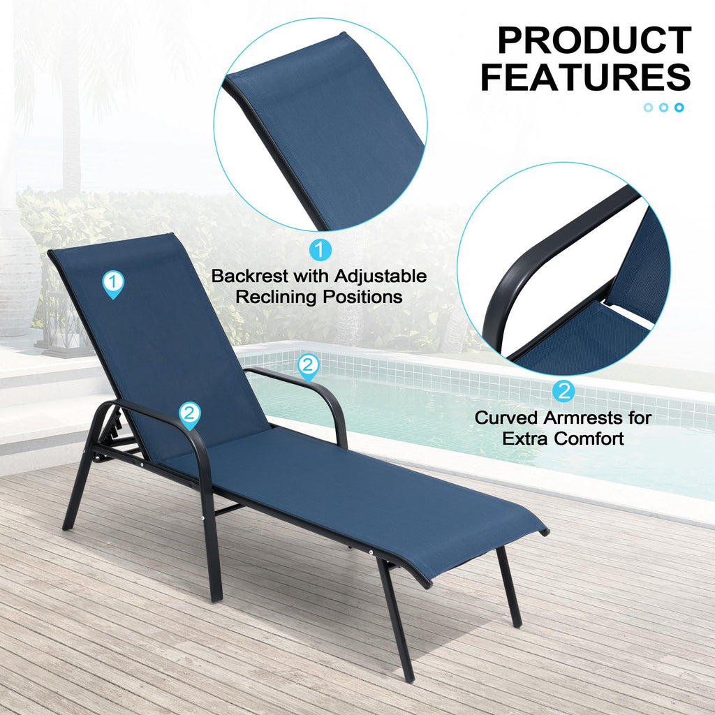 Crestlive Products Chaise Lounge Chair Outdoor with Armrests, Pool Lounge Chairs Set of 2, Aluminum Adjustable 5 Positions Sun Tanning Lounger for Patio, Poolside, Yard, Deck, Backyard (Beige)