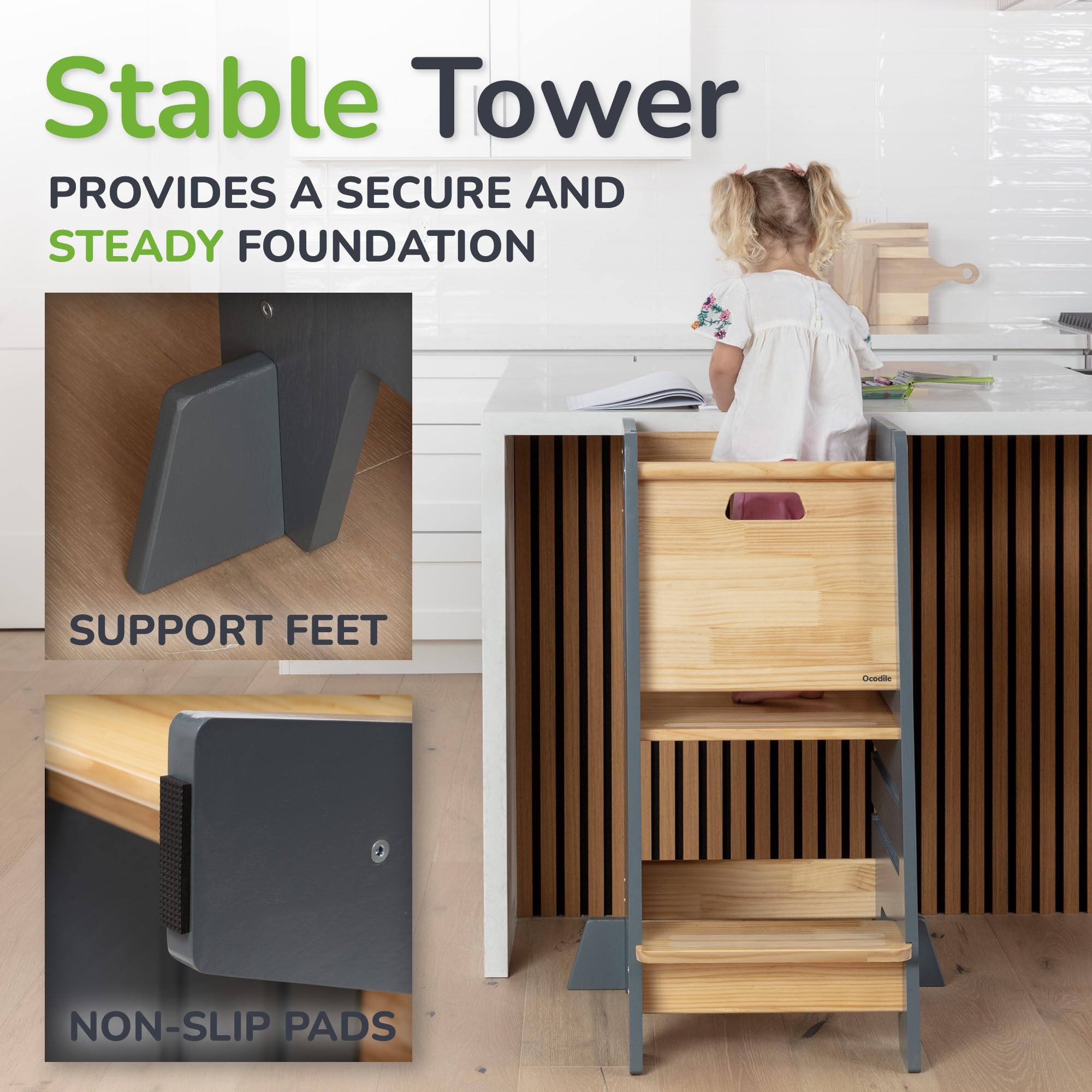 OCODILE Toddler Tower with a Sliding Door and 3 Adjustable Heights - Safe Toddler Kitchen Step Helper with Support Feet - Updated Design for 18+ Months to 6-Year-Old Kids - Gray