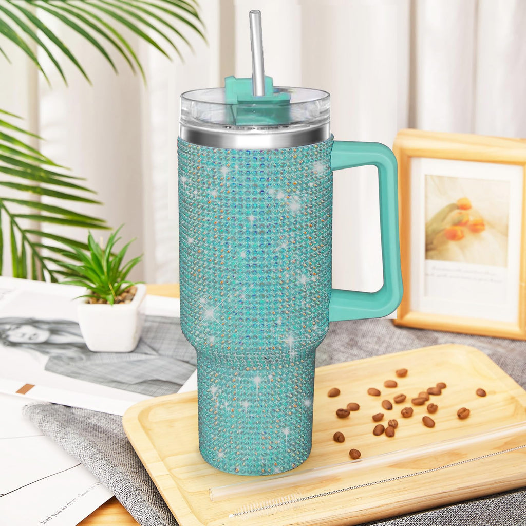 HWISDMIG 40oz Tumbler with Handle-Glitter Rhinestones Tumbler Bling Cups Stainless Steel Water Bottle Diamond Studded Tumbler for Women-Birthday Gifts for Women, Mom, Girlfriend (Amethyst)