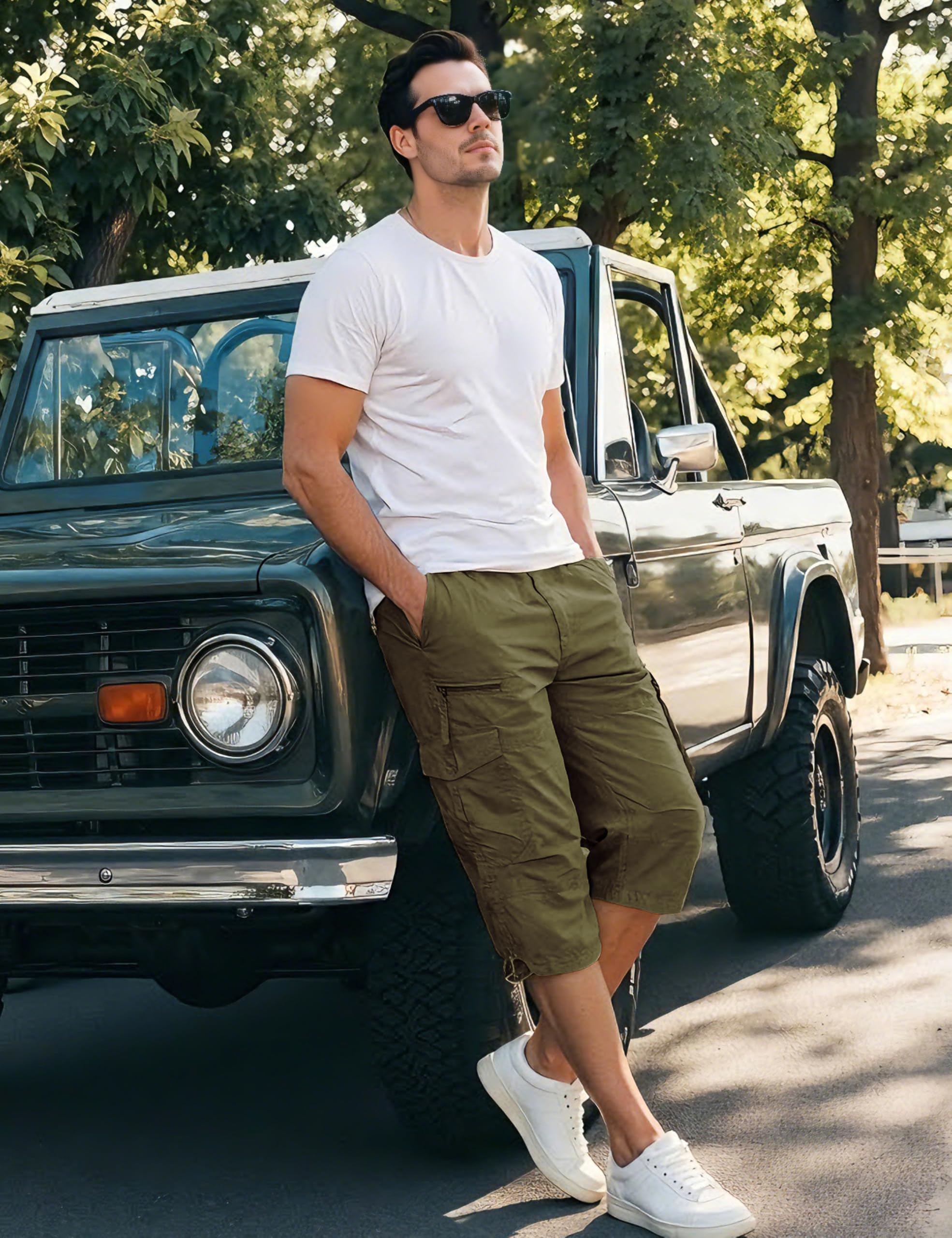 EKLENTSON Men's Cargo Shorts Casual Twill Elastic 3/4 Capri Pants Below Knee Long Shorts with 7 Pockets