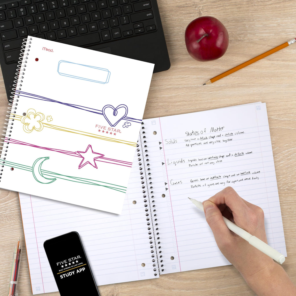 Five Star Spiral Notebook + Study App, 2 Pack, 1 Subject, Wide Ruled, 8" x 10-1/2", 80 Sheets, Fights Ink Bleed, Water Resistant Cover, Pastel Waves and Brush Strokes (930210F-ECM)