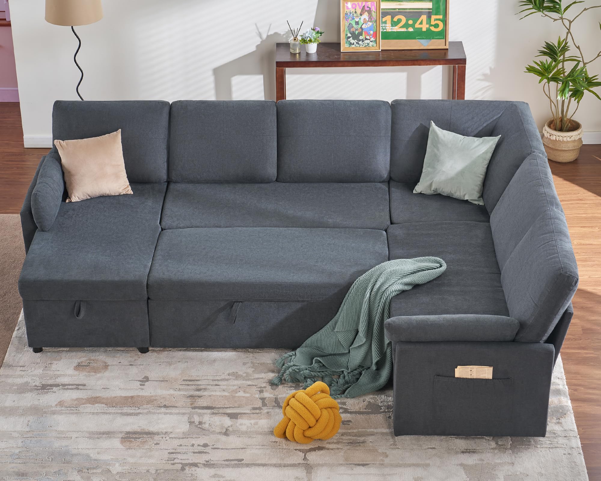 PaPaJet Sofa Bed, Sleeper Sofa with Storage Chaise, L Shaped Sofa with Pull Out Bed, Oversized Sofas for Living Room, Beige