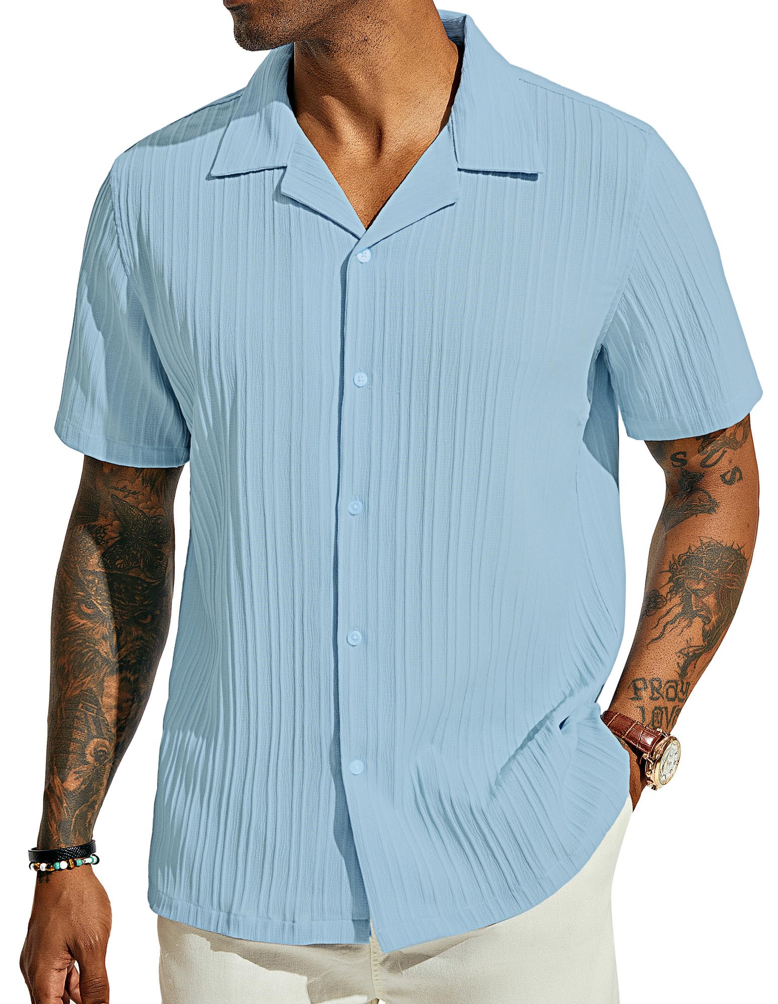 PJ PAUL JONES Men's Casual Button Down Shirts - Short Sleeve Summer Textured Beach Wrinkle-Free Shirts